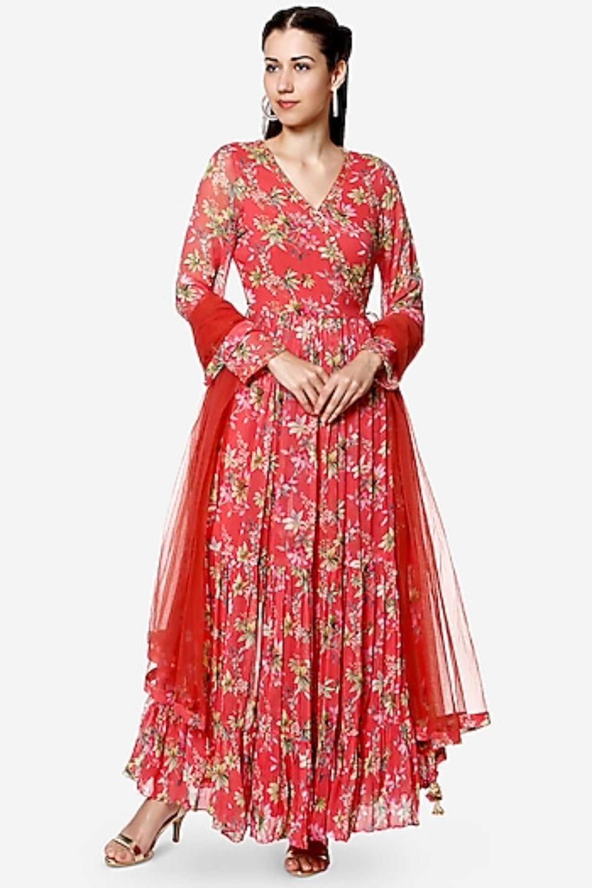 Coral printed overlap dress set