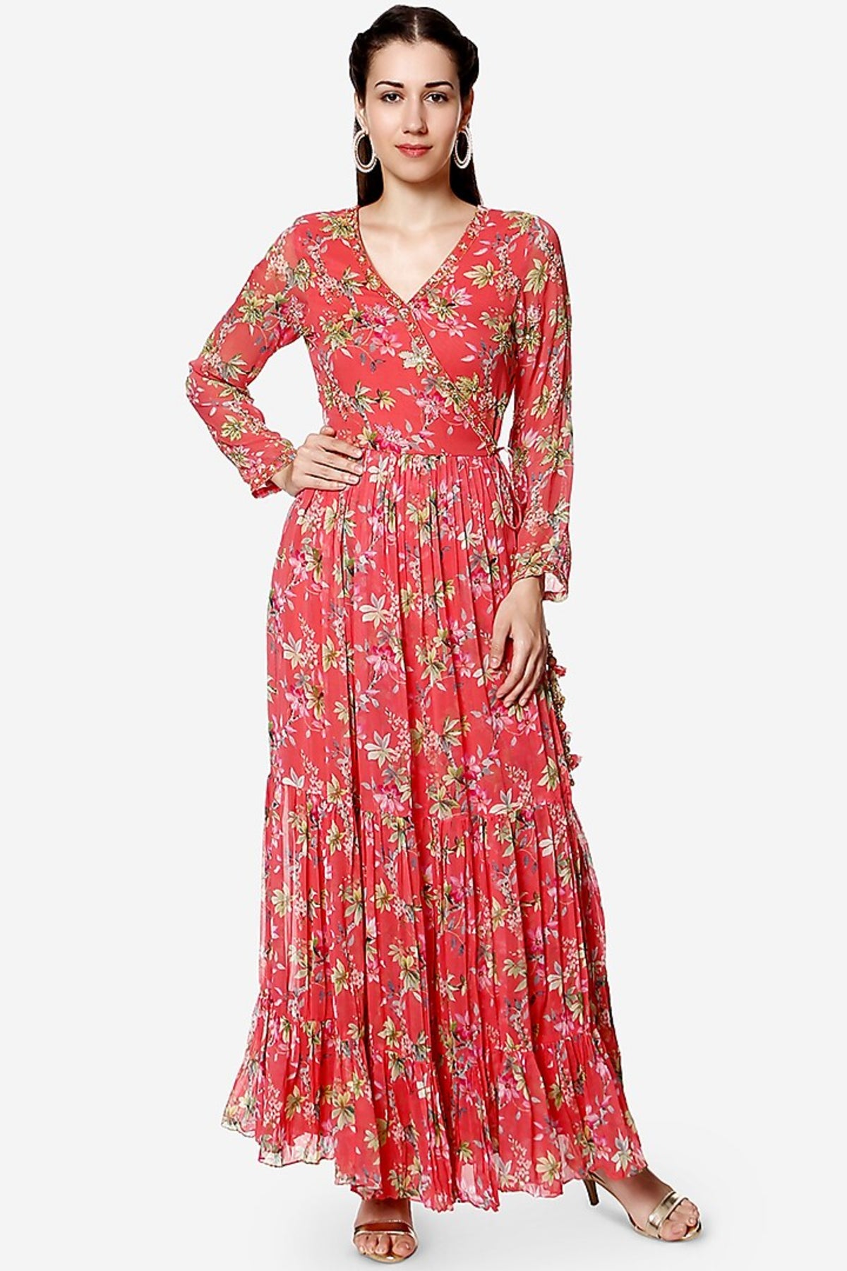 Coral printed overlap dress set