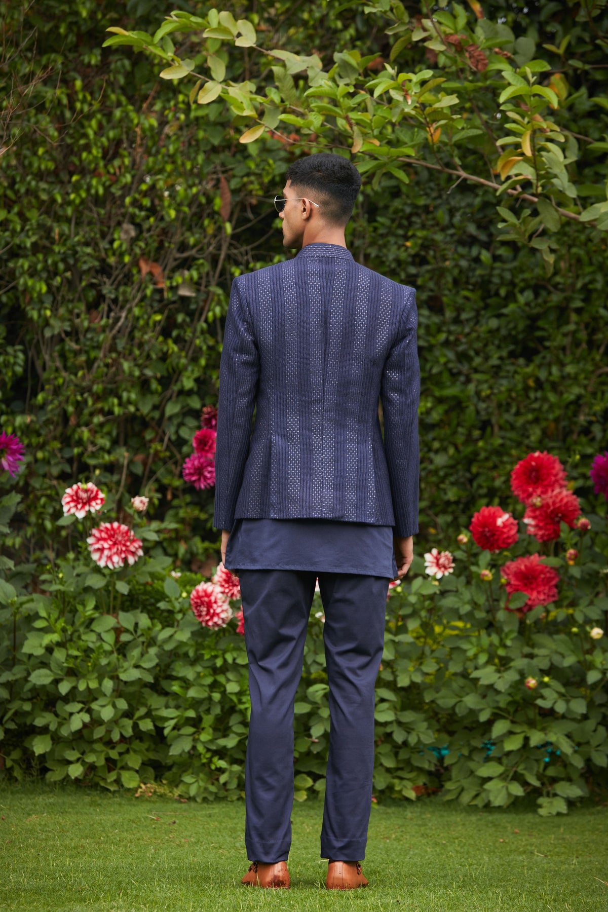 Nikhara Blue Chikankari Achkan Jacket Set