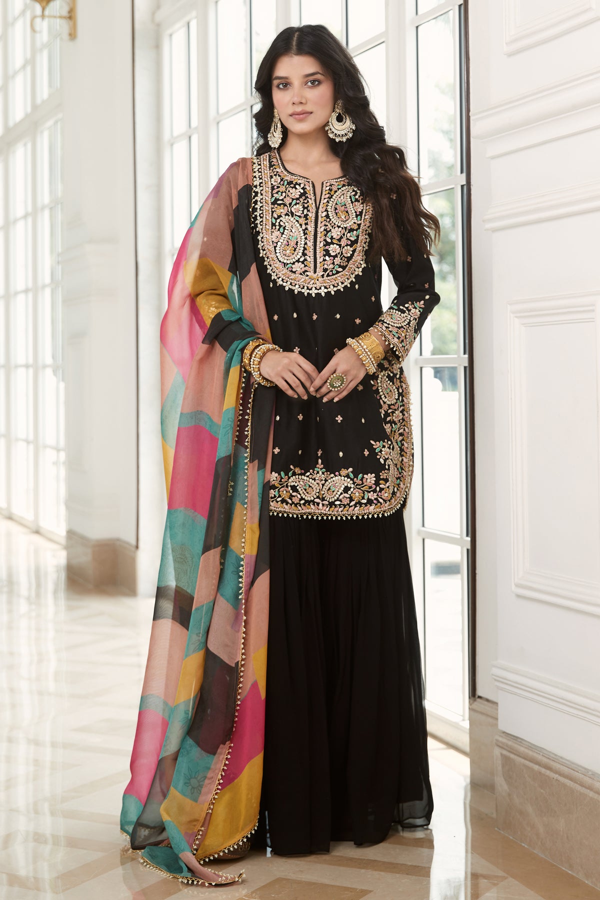 Black Embroidered Sharara Set