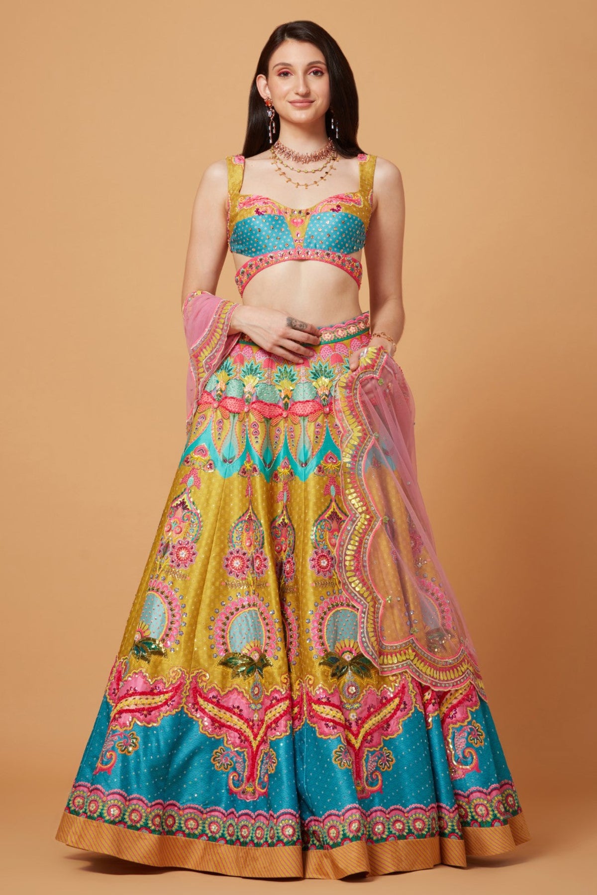 Lime Mustard Embroidered Lehenga Set
