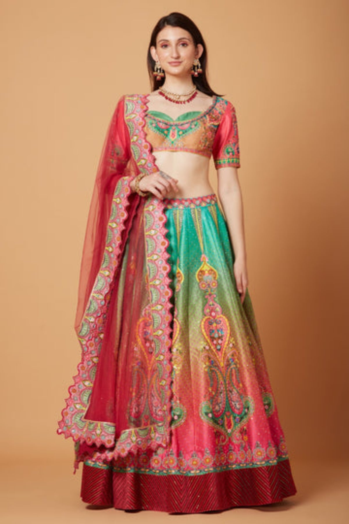 Green-pink Ombre Embroidered Lehenga Set