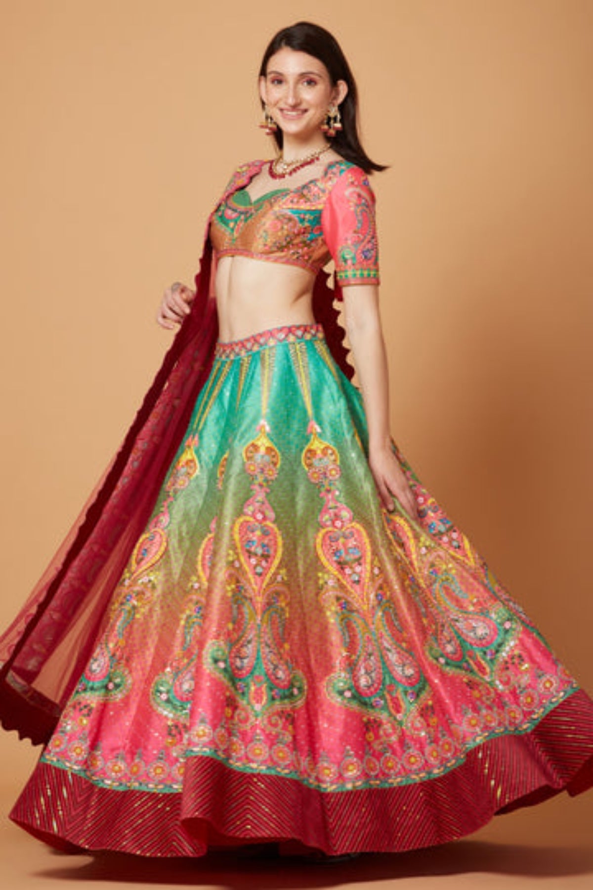 Green-pink Ombre Embroidered Lehenga Set