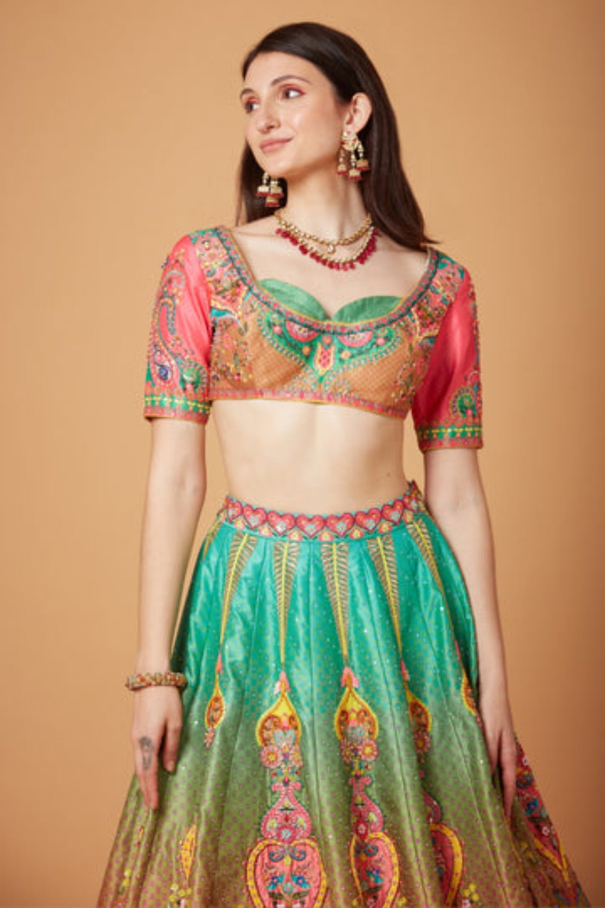 Green-pink Ombre Embroidered Lehenga Set