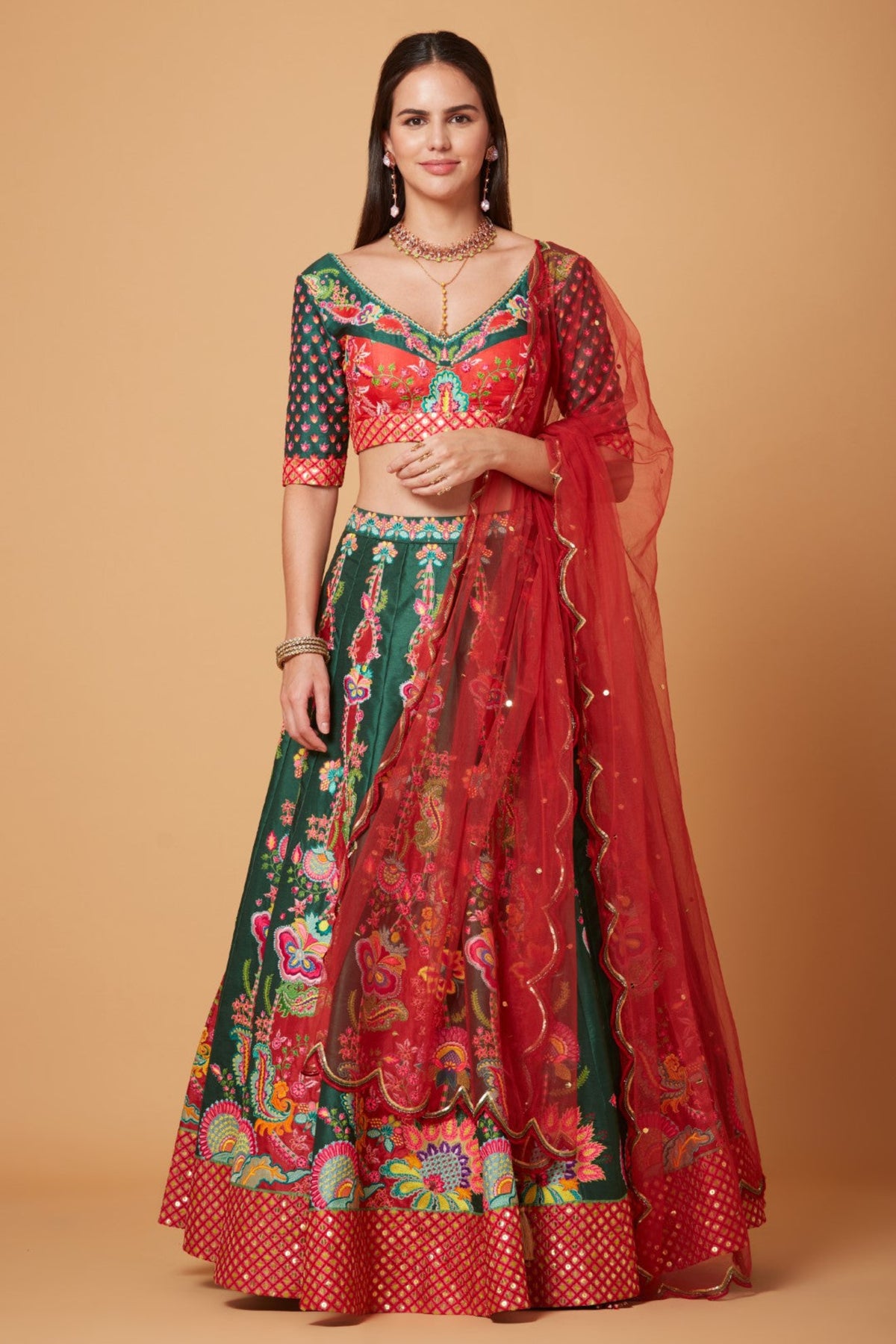 Green-red Embroidered Lehenga Set