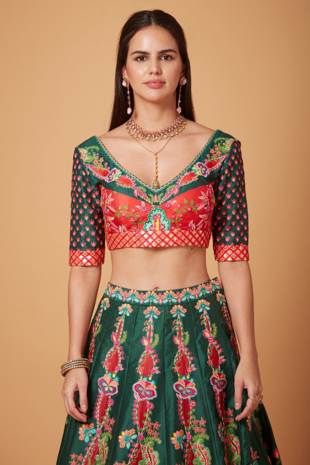 Green-red Embroidered Lehenga Set