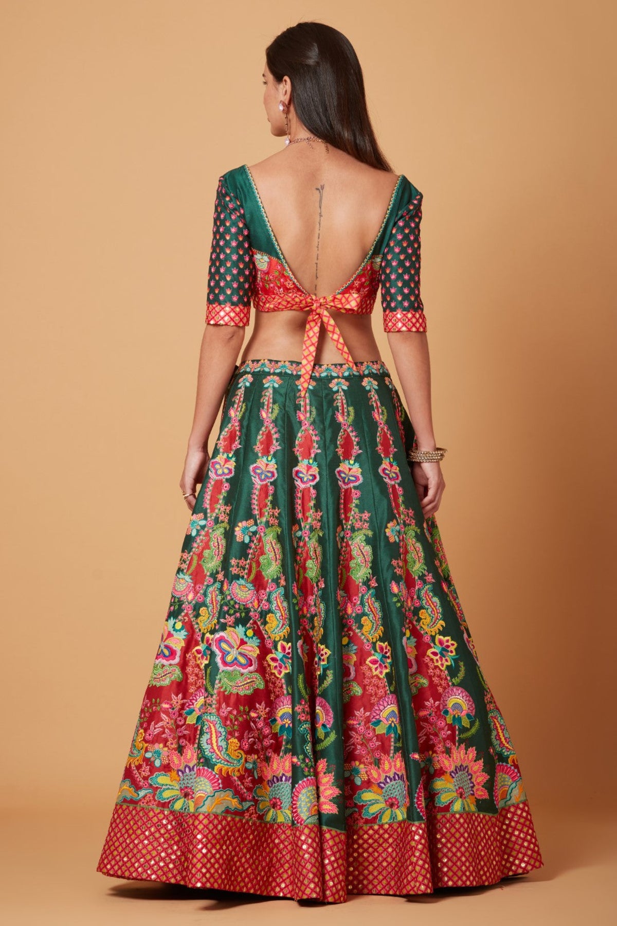 Green-red Embroidered Lehenga Set
