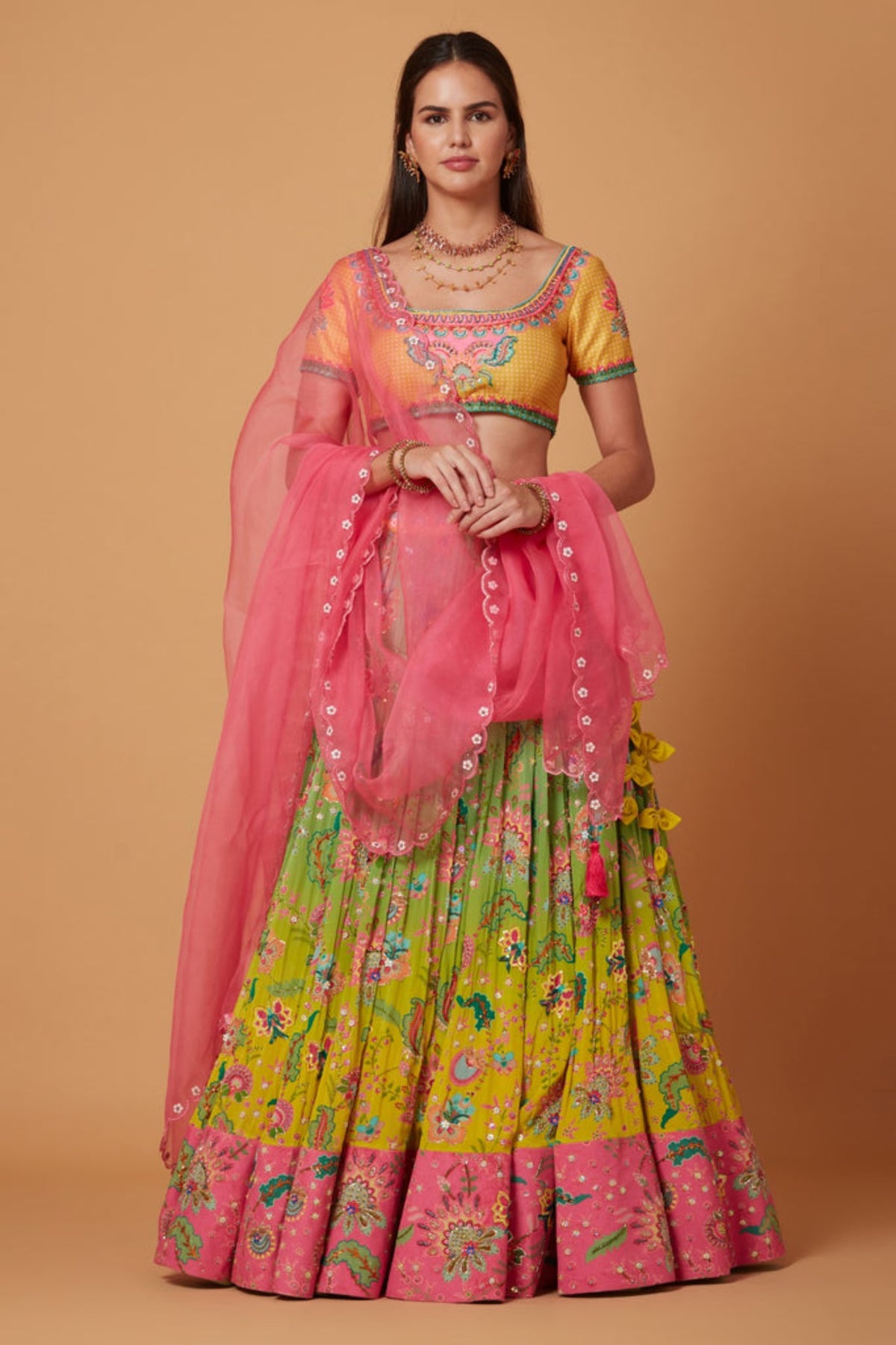 Yellow-green Ombre Embroidered Lehenga Set