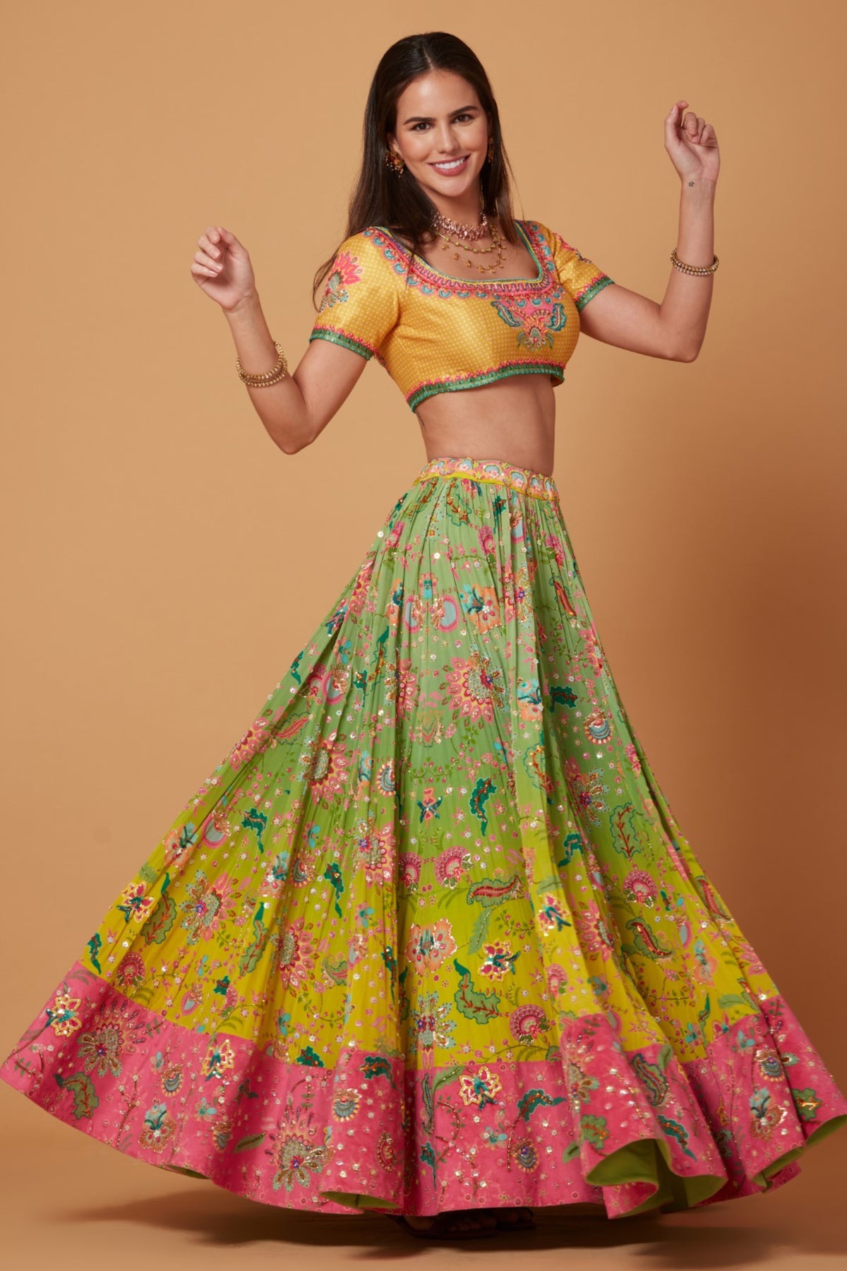 Yellow-green Ombre Embroidered Lehenga Set