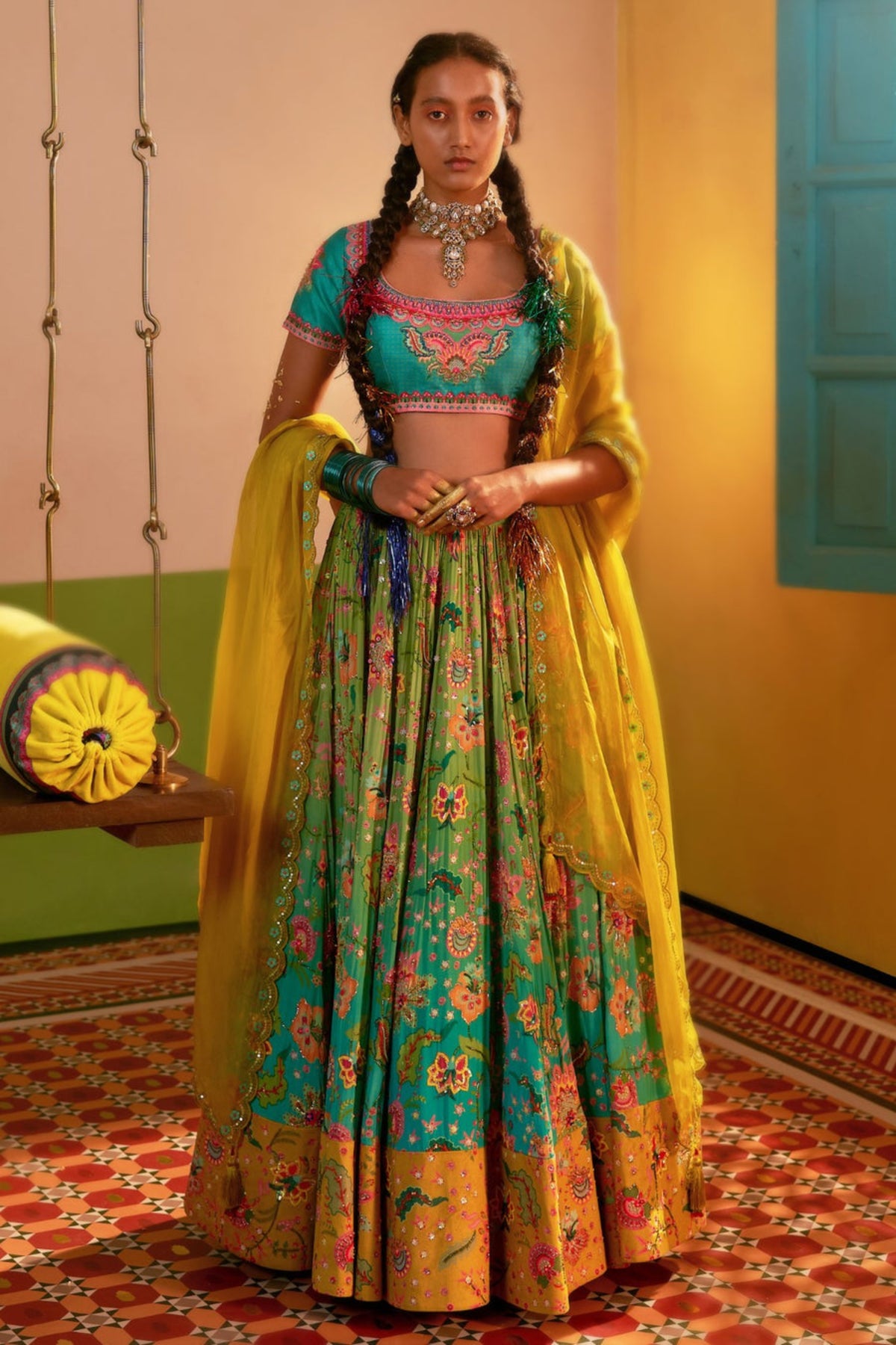 Aqua Turquoise Ombre Embroidered Lehenga Set