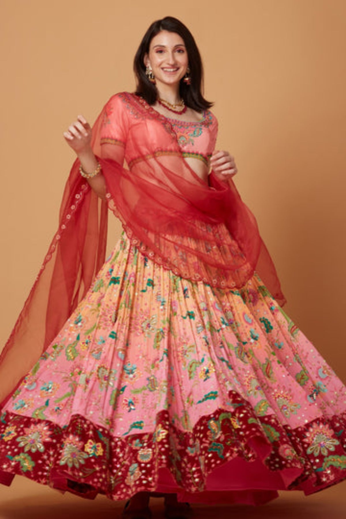 Peach-pink Ombre Embroidered Lehenga Set