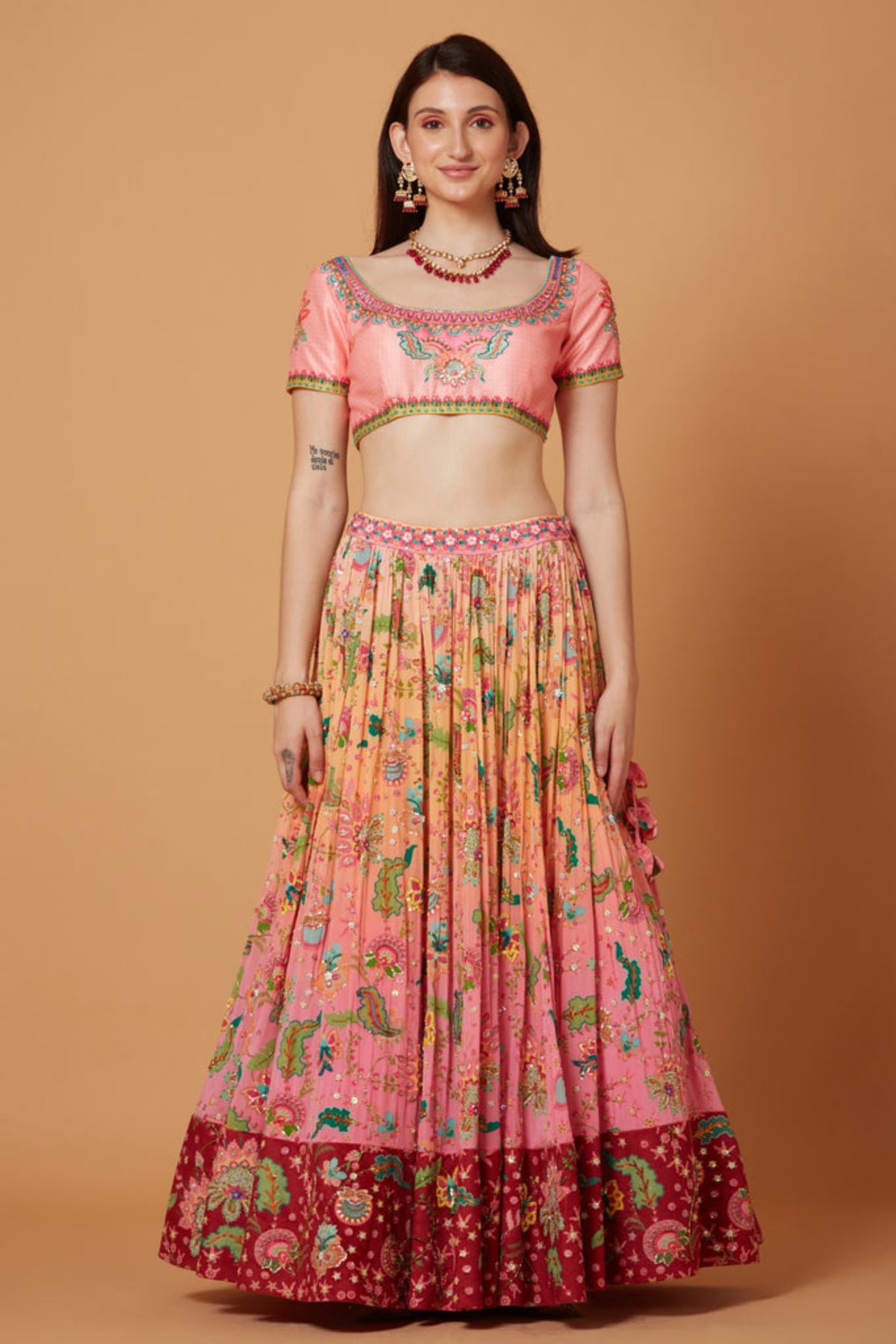 Peach-pink Ombre Embroidered Lehenga Set