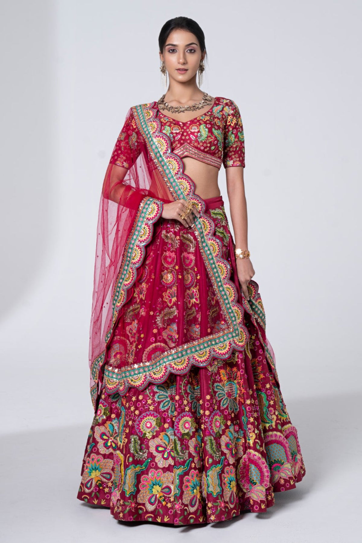 3d Embroidered Burgundy Lehenga Set