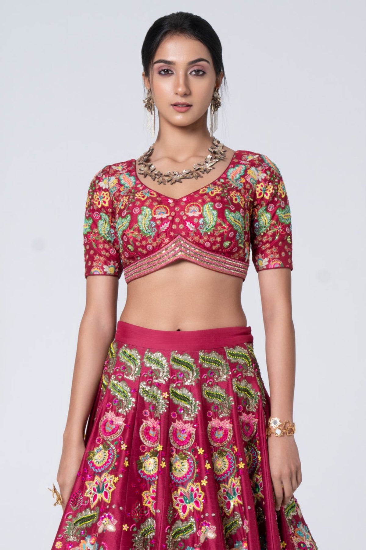 3d Embroidered Burgundy Lehenga Set