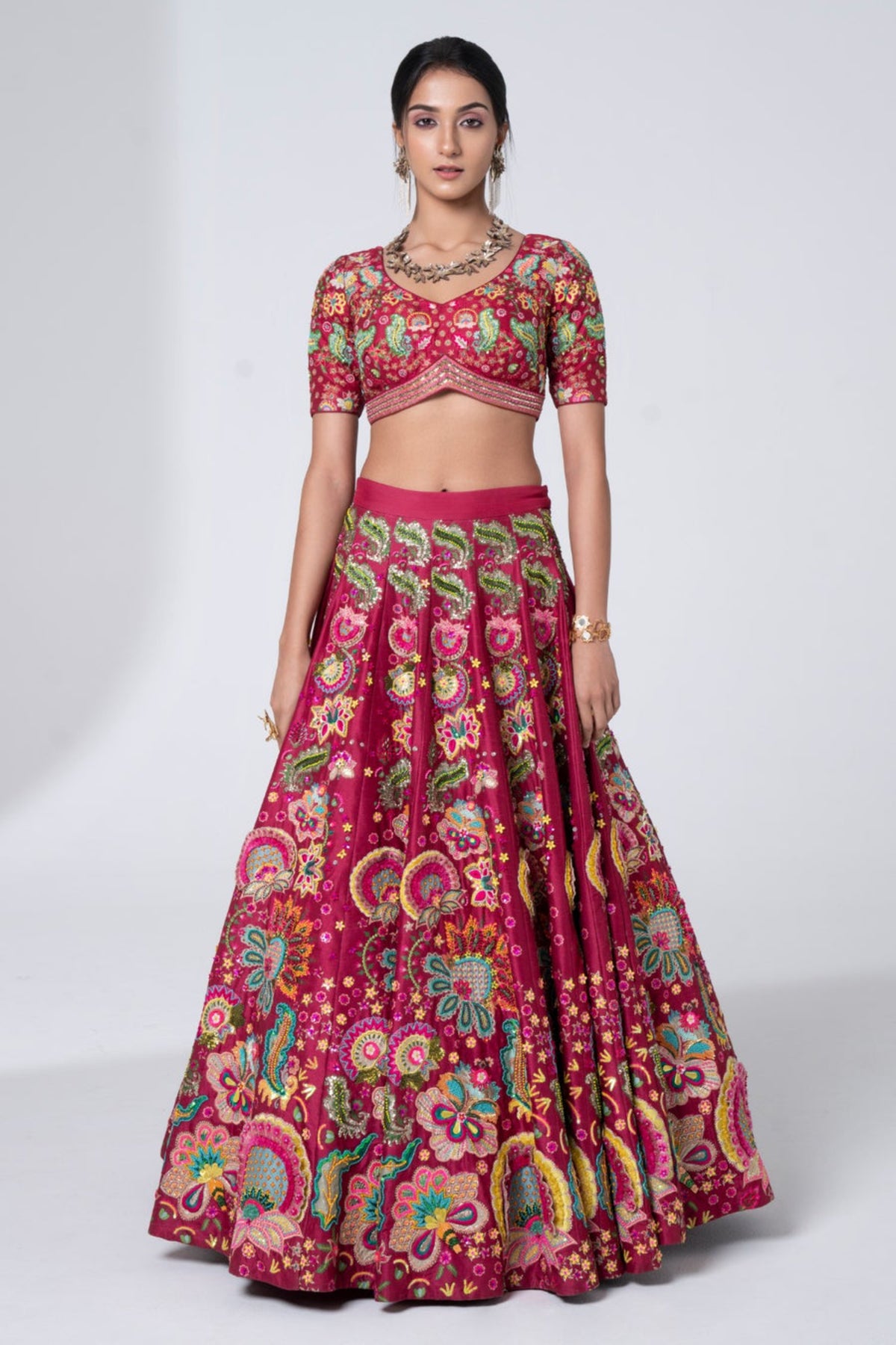 3d Embroidered Burgundy Lehenga Set