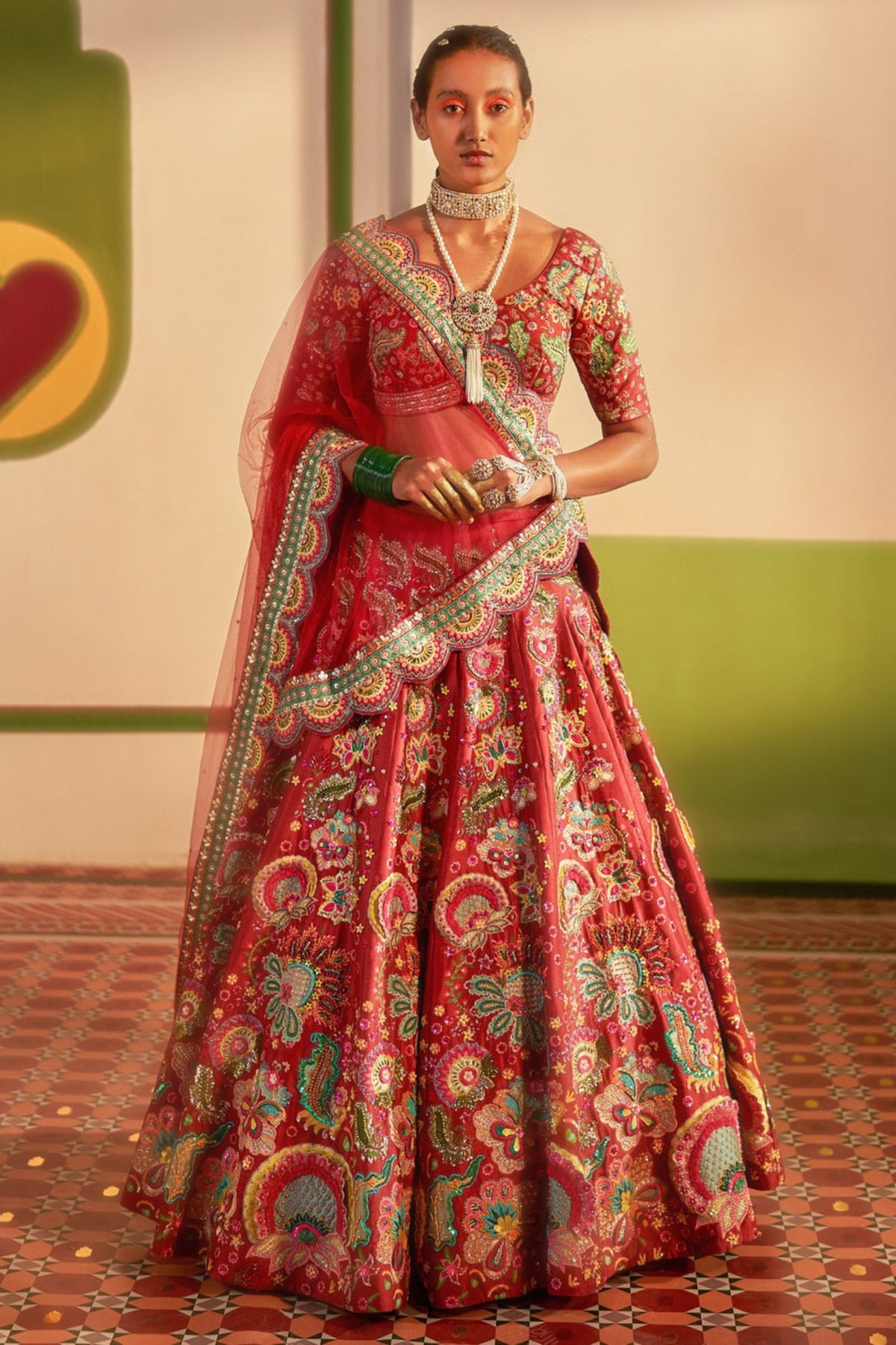 3d Embroidered Burgundy Lehenga Set