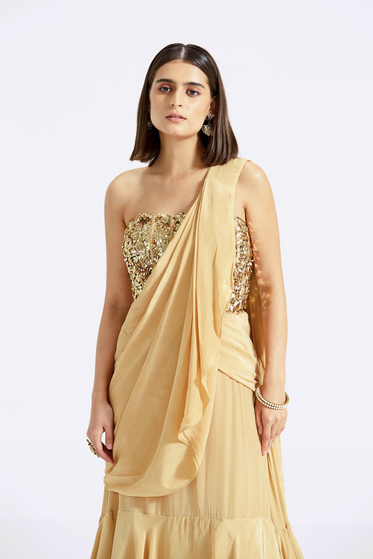 Gold Pre-draped Georgette Saree Set