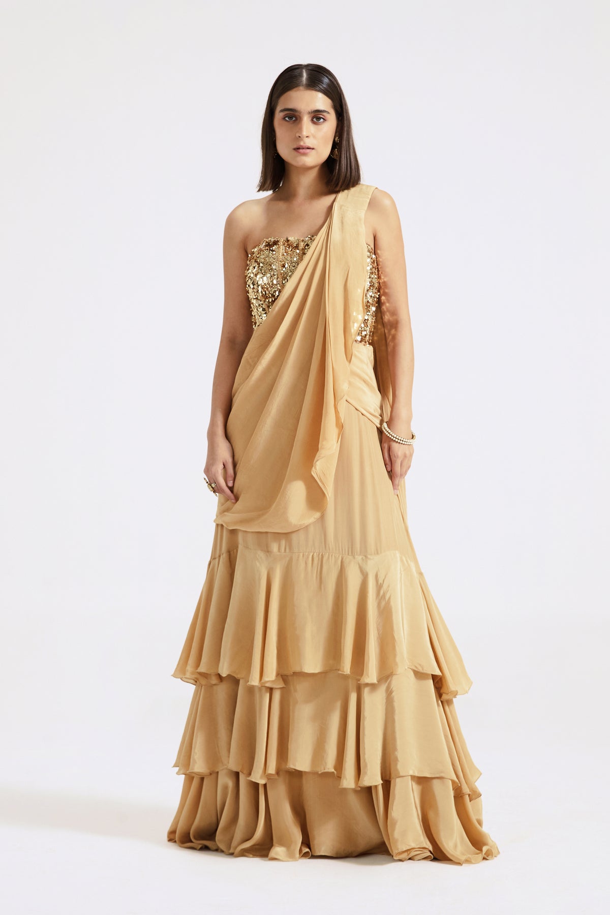 Gold Pre-draped Georgette Saree Set