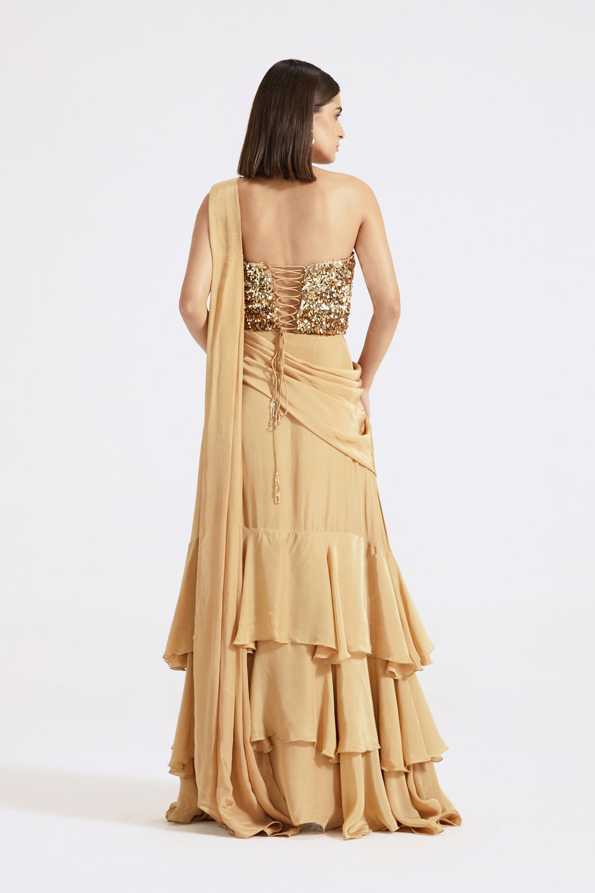 Gold Pre-draped Georgette Saree Set