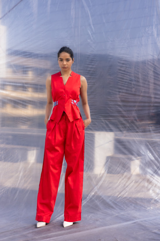 Red Waist Coat Pants Set