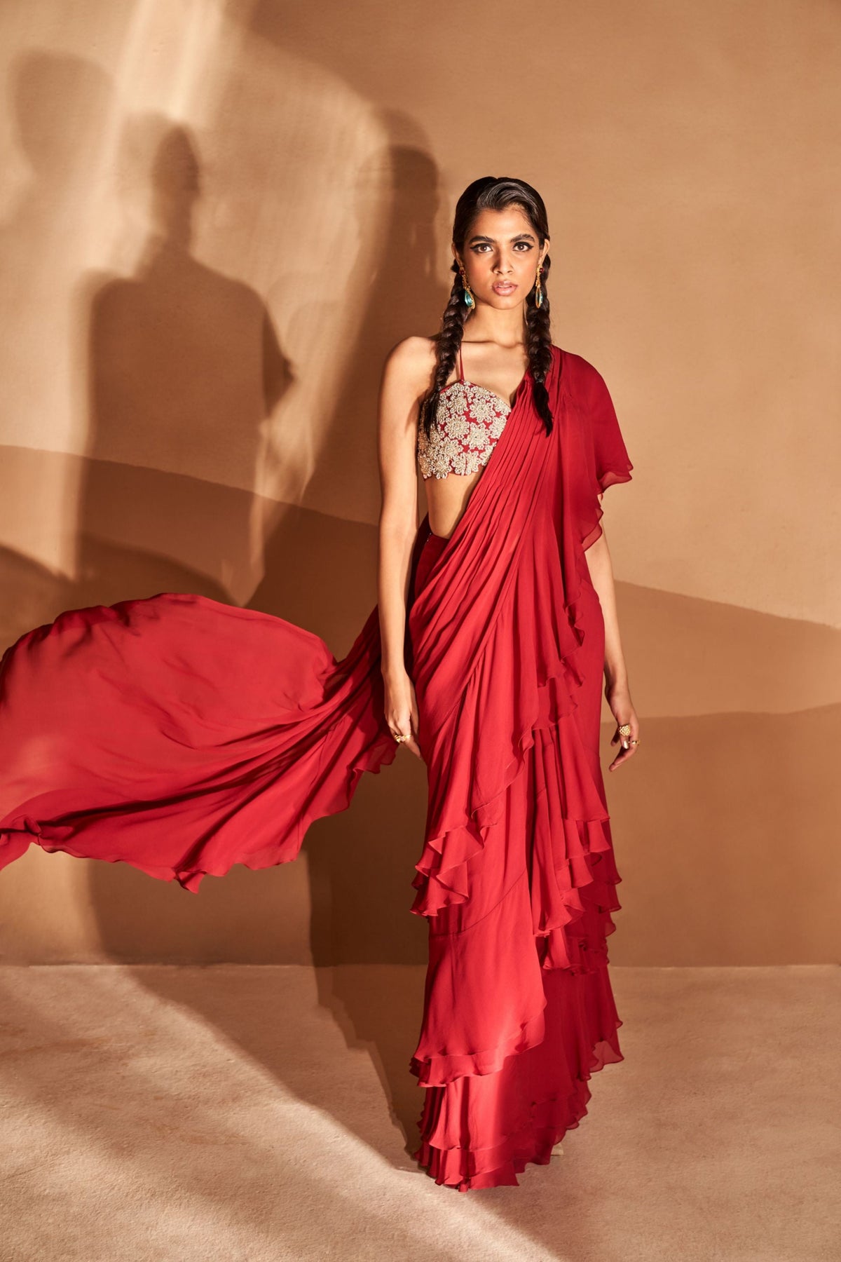 Red Layered Ruffle Saree Set