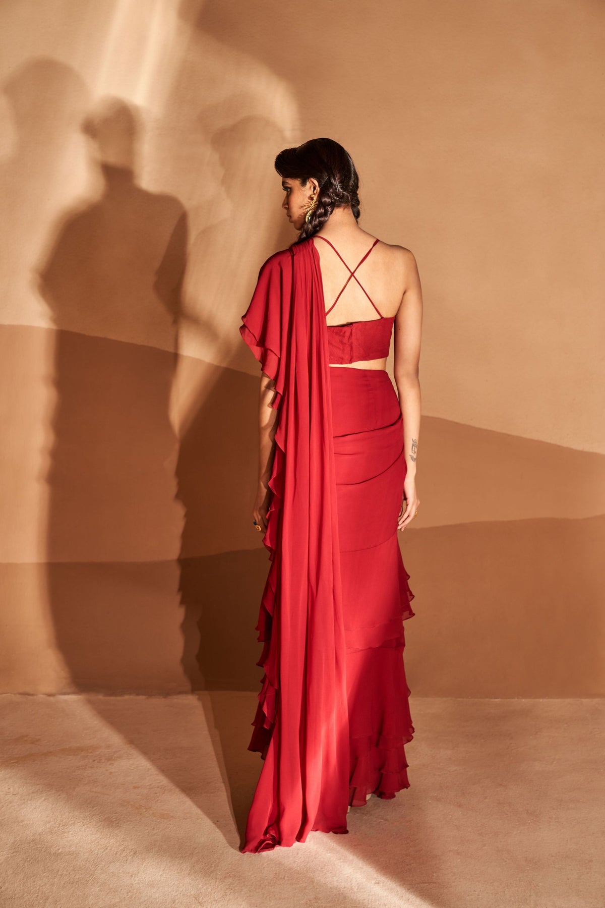 Red Layered Ruffle Saree Set