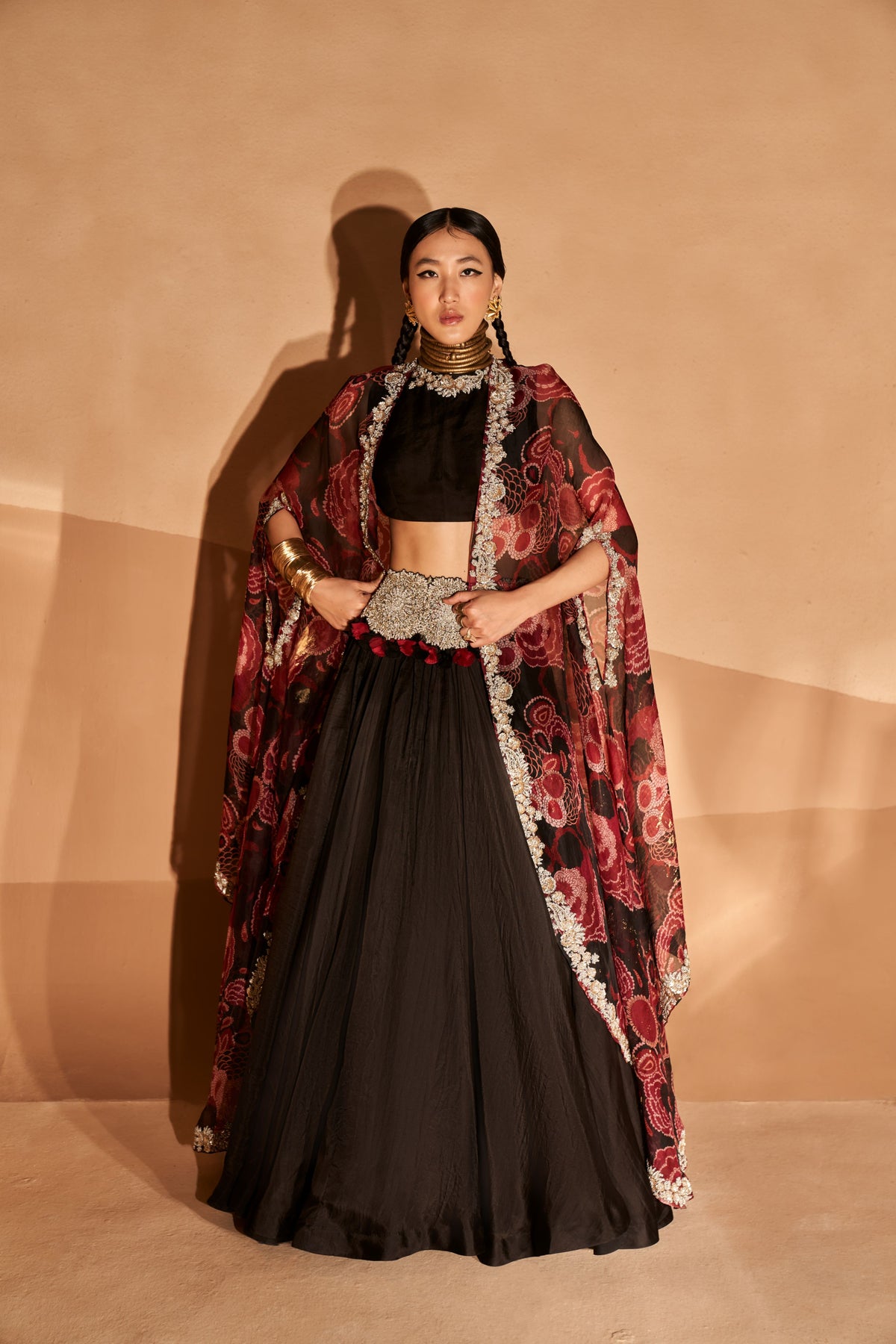 Black Embroidered Belted Lehenga Set