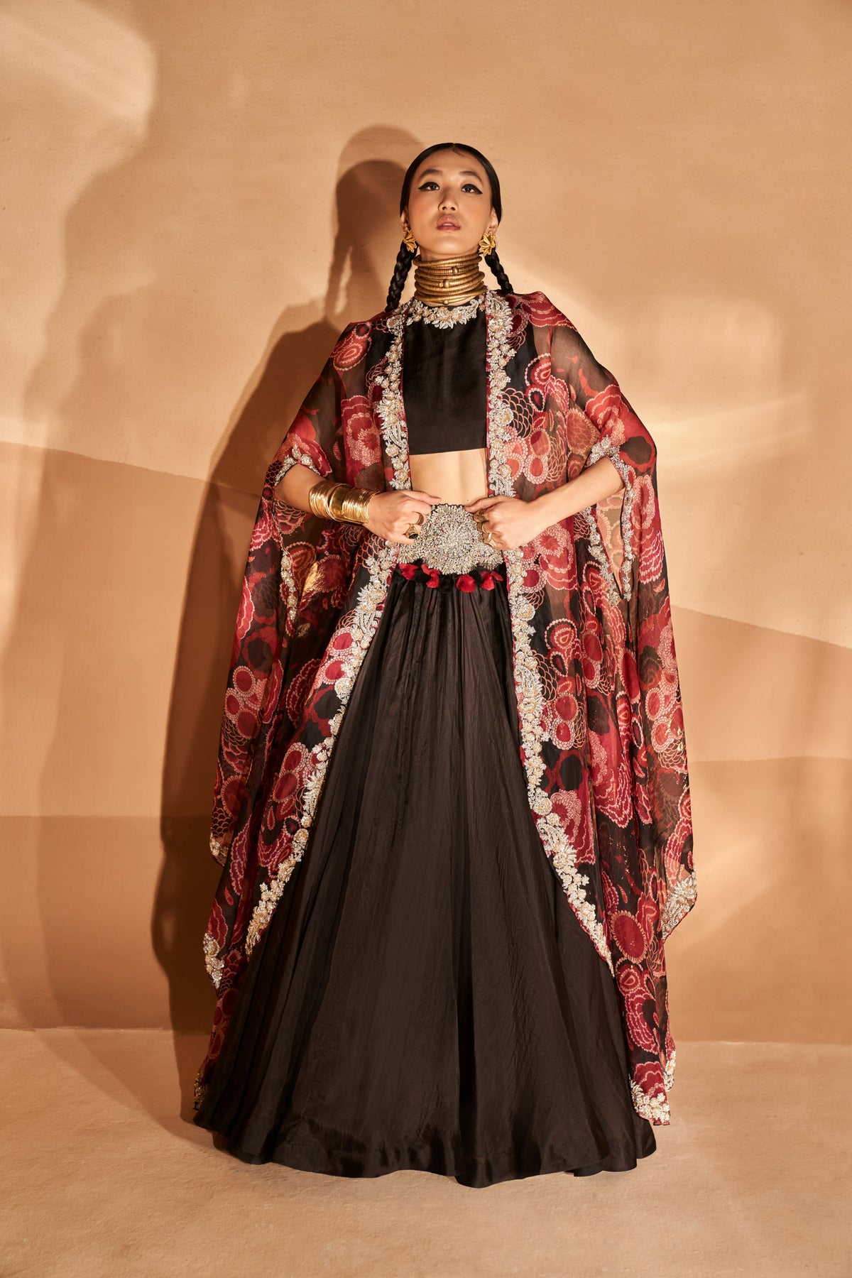 Black Embroidered Belted Lehenga Set