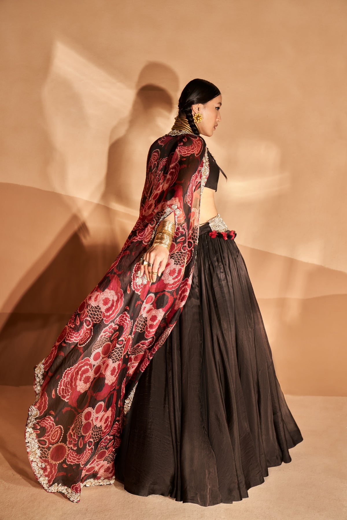 Black Embroidered Belted Lehenga Set