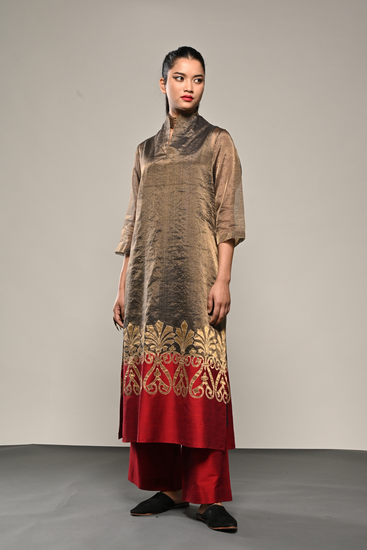 Gold Leaf Bronze Tissue Vase Tunic And Pants