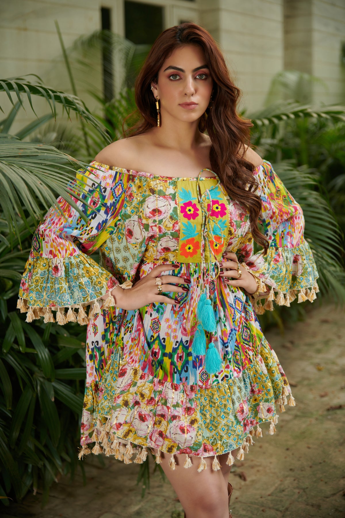 Off Shoulder Printed Multicolor Boxy Dress