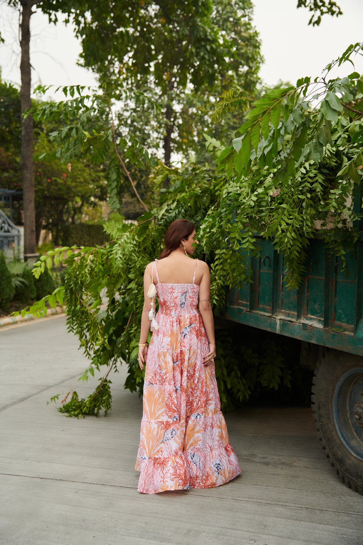 Peach Aqua Long Smocking Dress