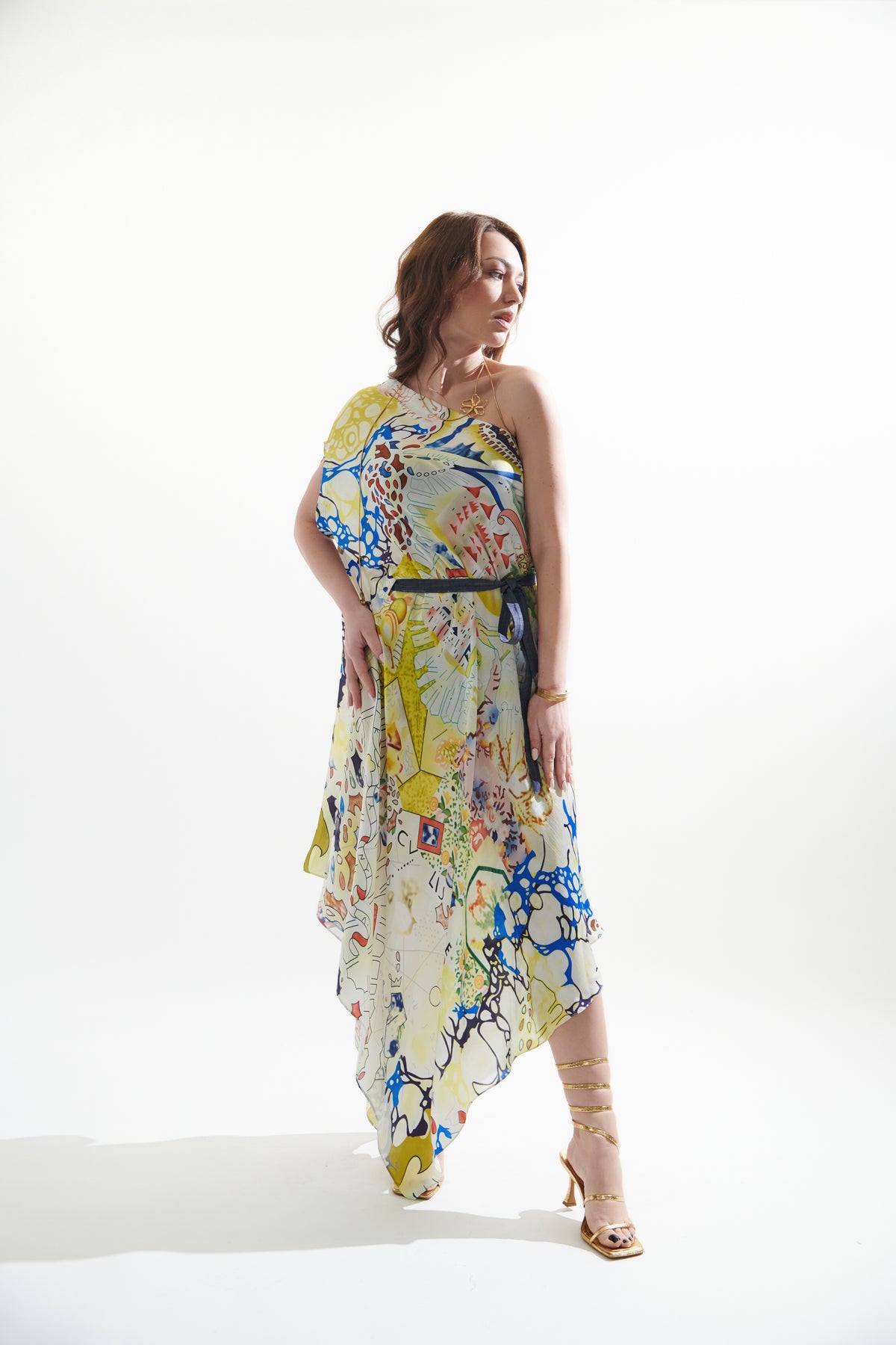 Printed One Shoulder Kaftan Midi Dress With Belt