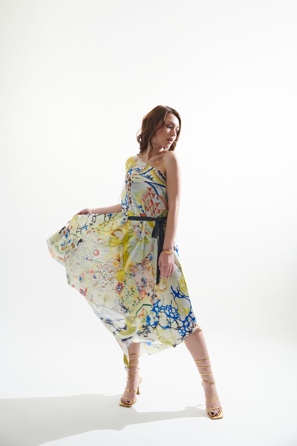 Printed One Shoulder Kaftan Midi Dress With Belt
