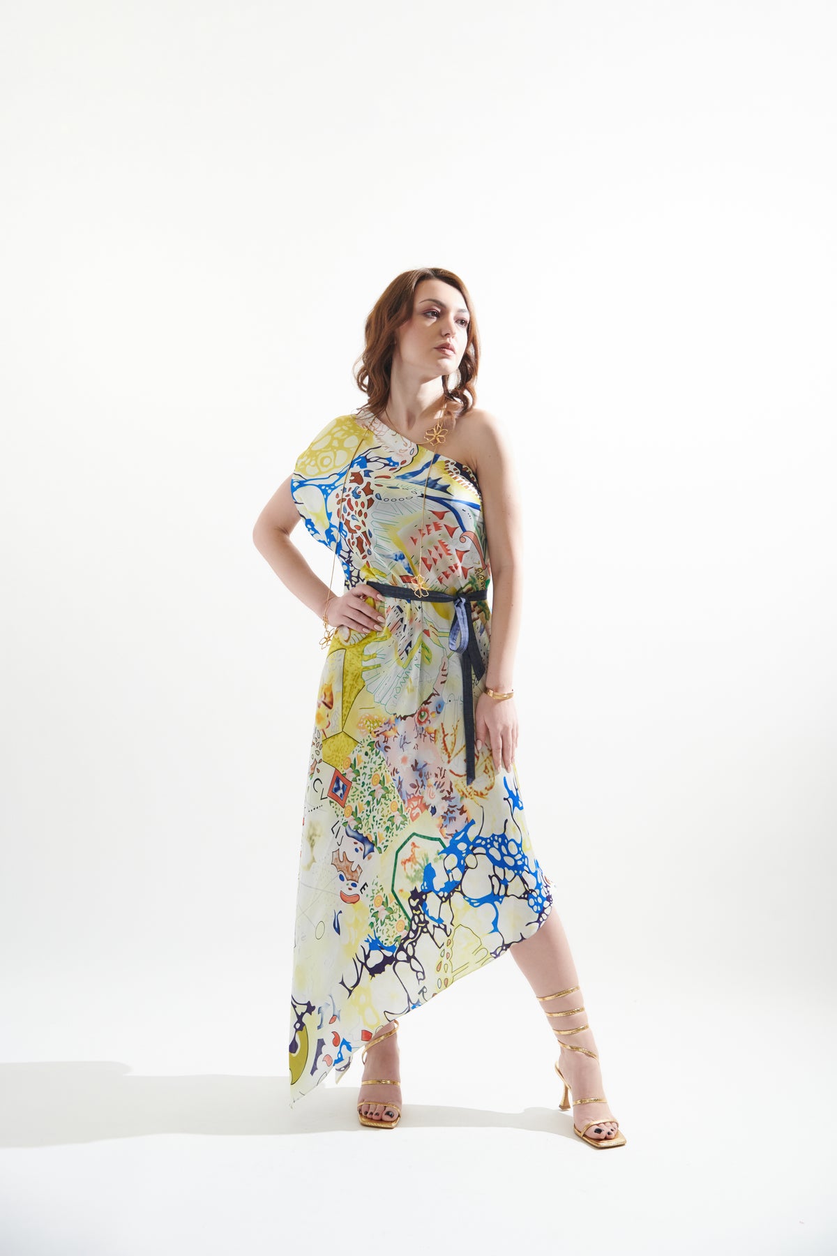 Printed One Shoulder Kaftan Midi Dress With Belt
