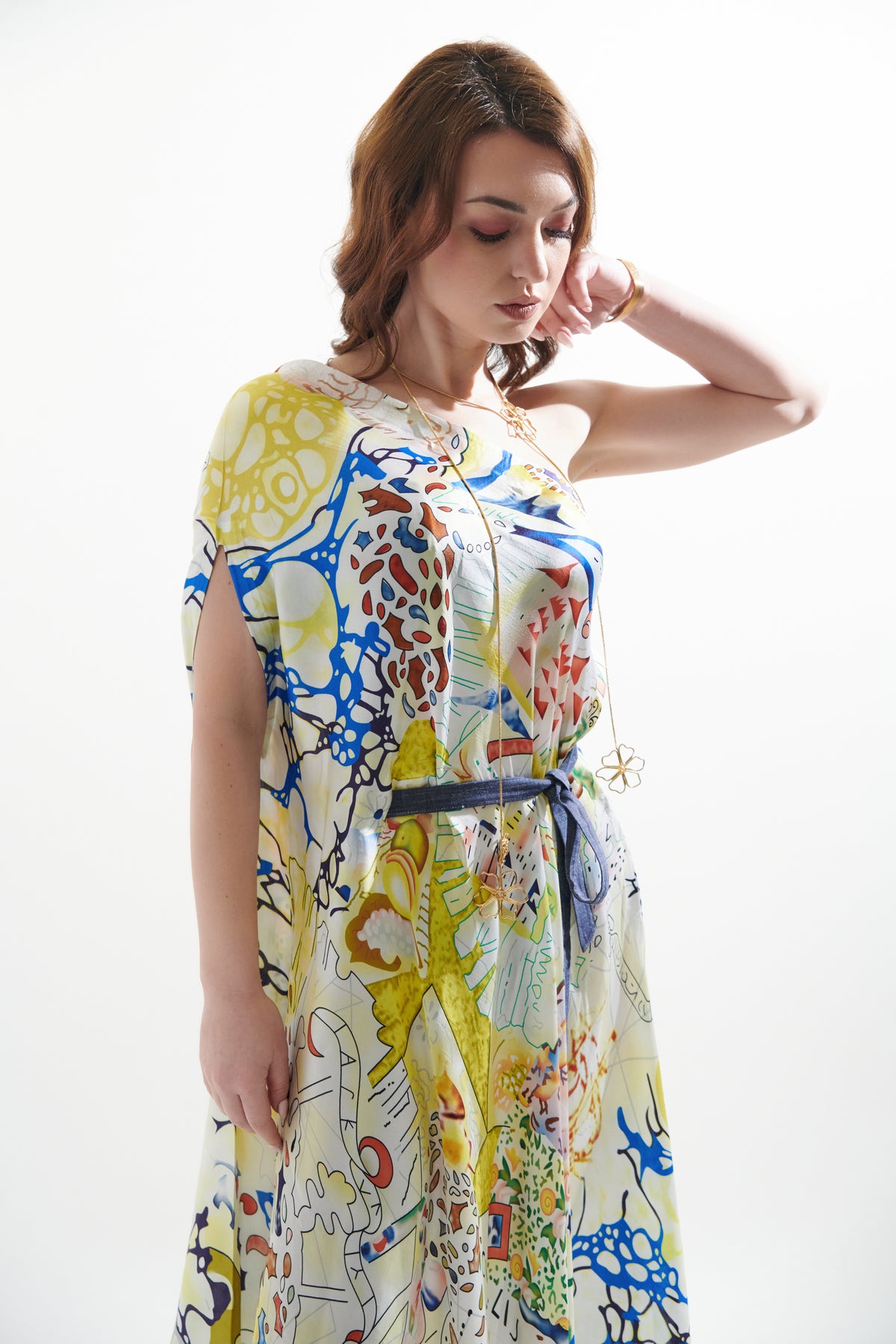 Printed One Shoulder Kaftan Midi Dress With Belt