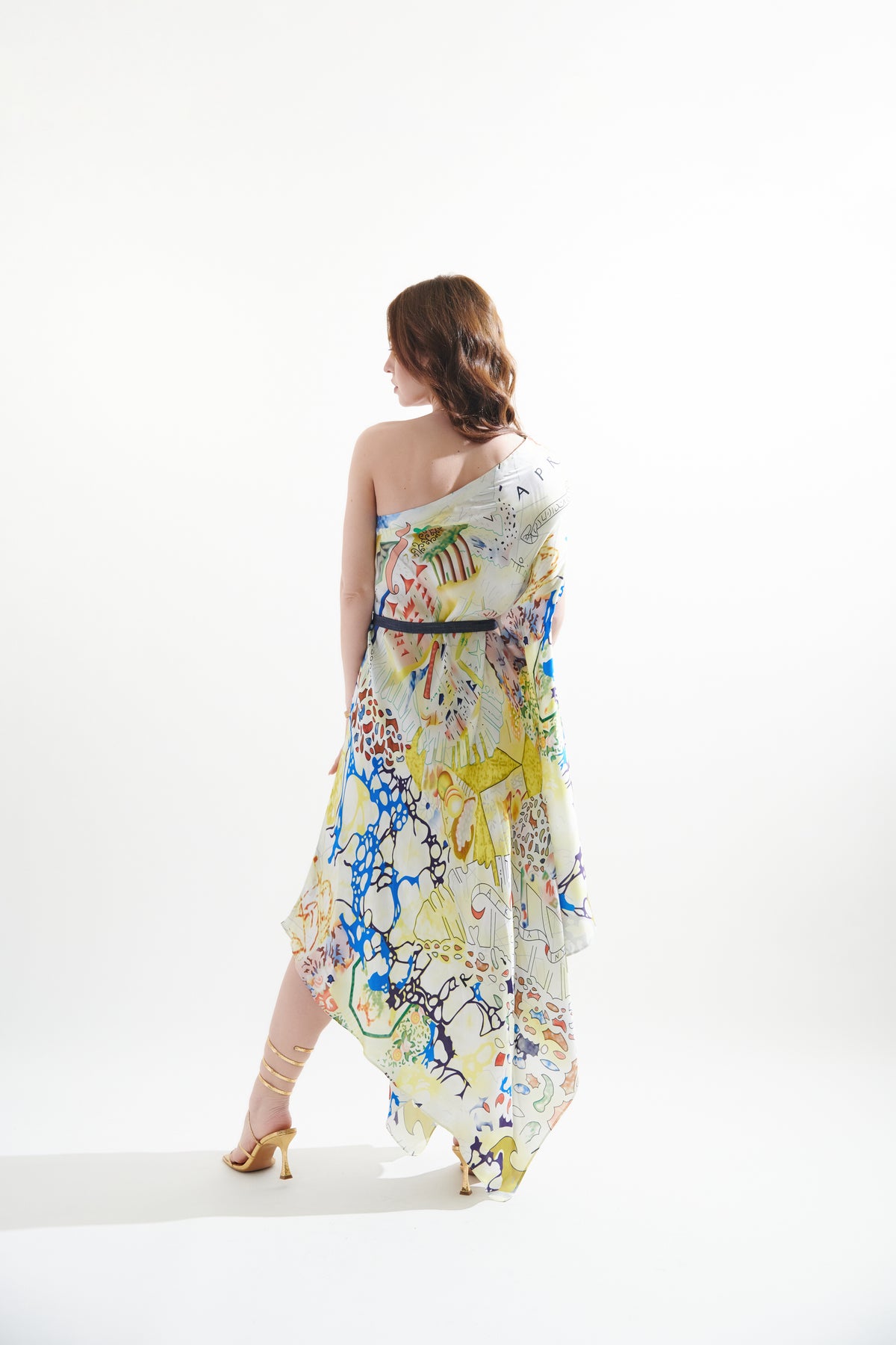 Printed One Shoulder Kaftan Midi Dress With Belt