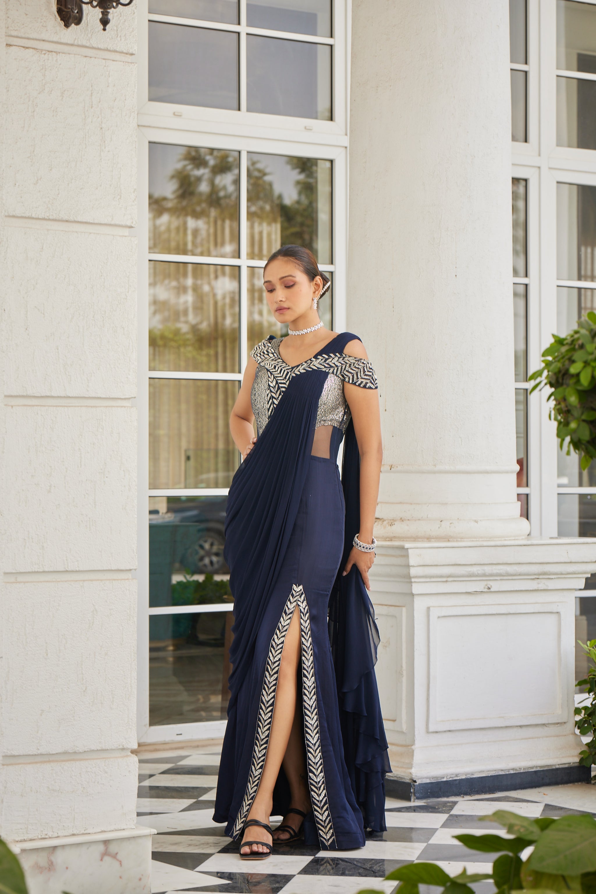 Jade By Ashima Pre-draped Ruffle Saree Gown | Grey, Round, Long | Saree gown,  Ruffle saree, Gowns