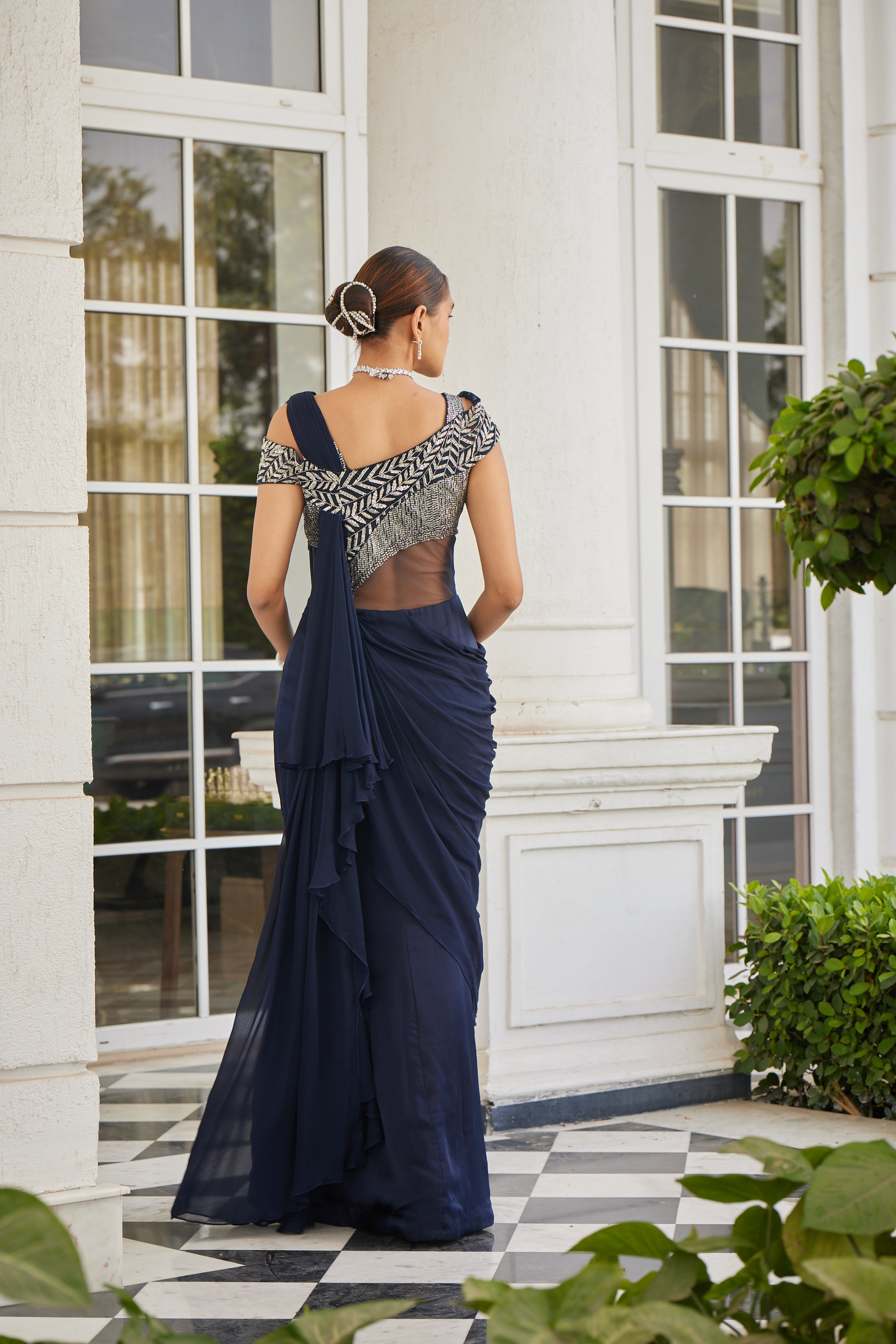 Buy Blue Viscose Georgette Embroidered Draped Saree Gown With Jacket For  Women by Aariyana Couture Online at Aza Fashions.