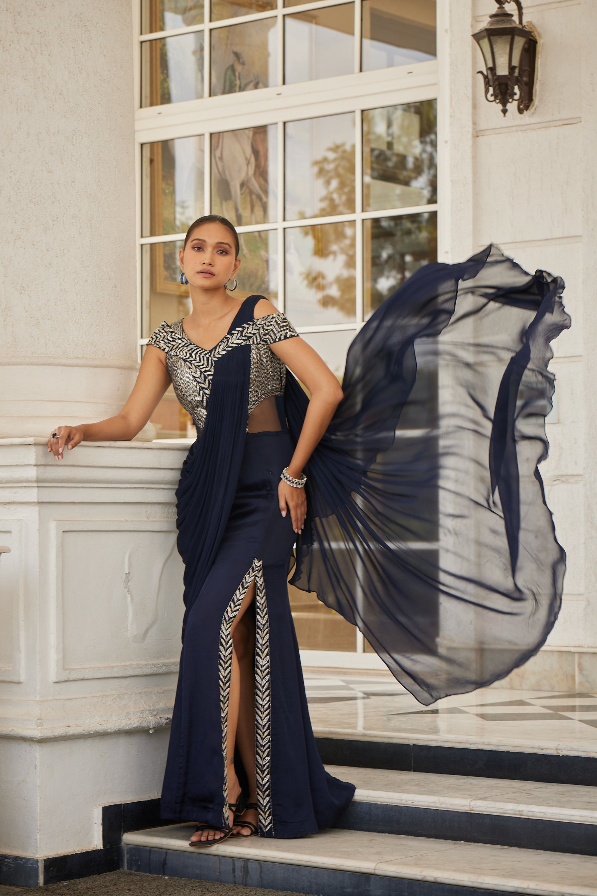 Buy Blue Pre-Draped Saree Gown by Designer ANASTAY CLOTHING for Women  online at Kaarimarket.com