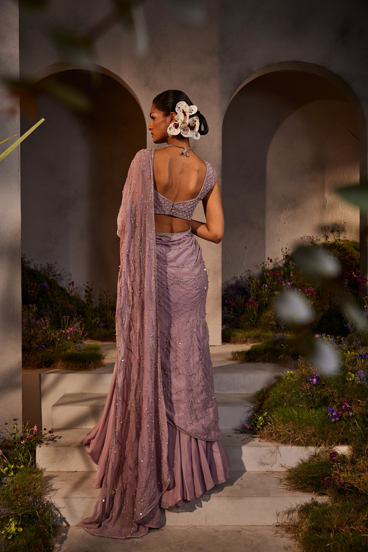 Lavender Pre Draped Saree Set