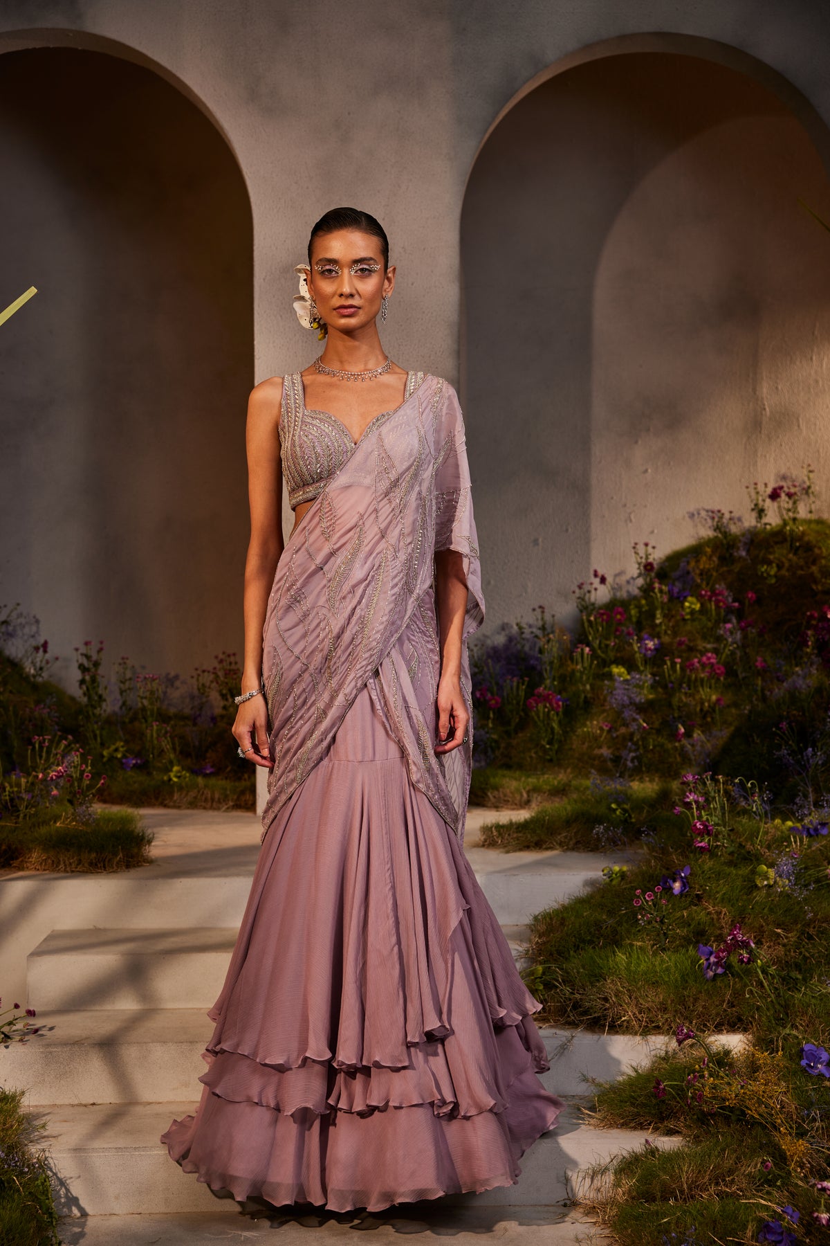 Lavender Pre Draped Saree Set