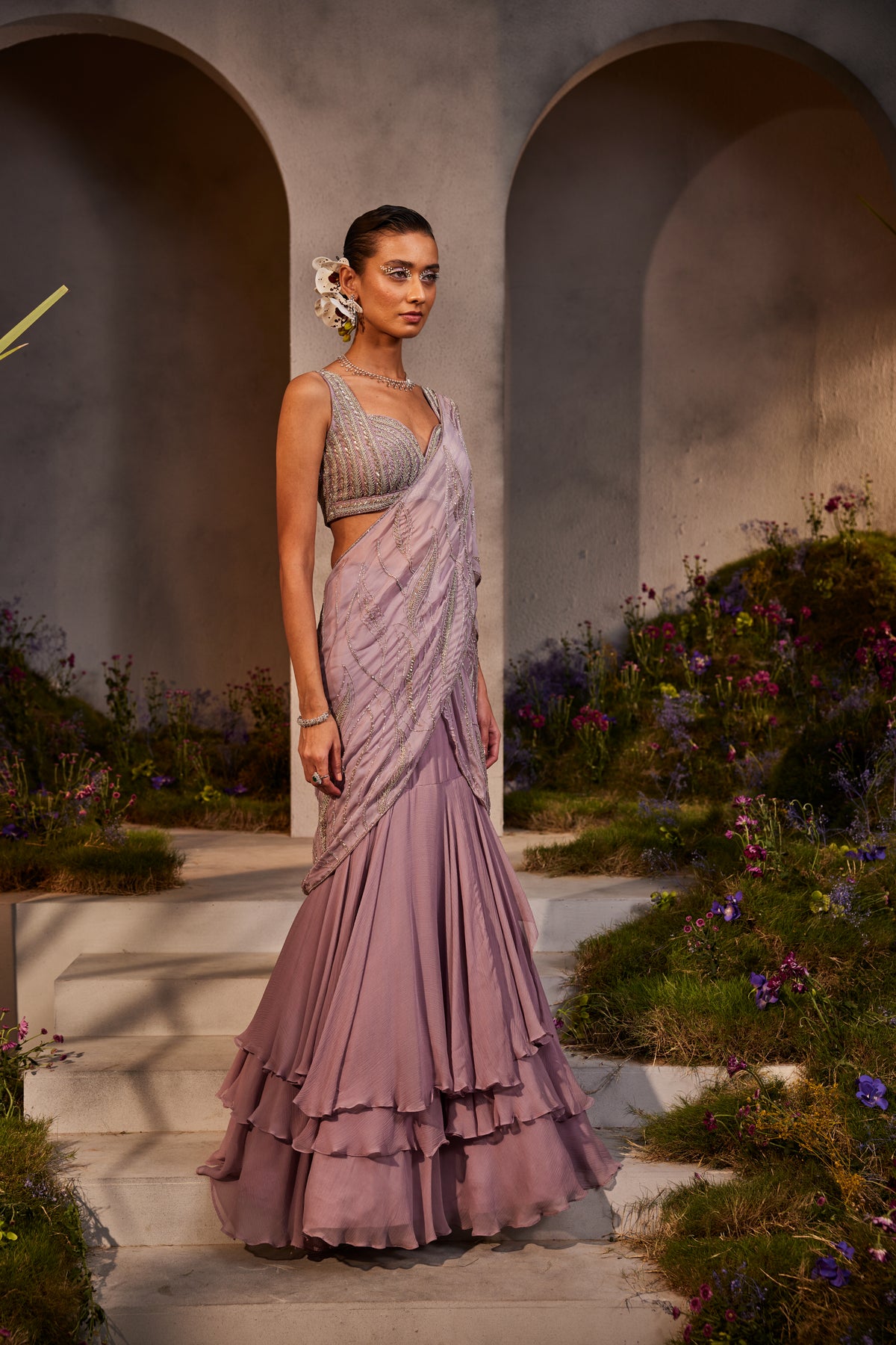 Lavender Pre Draped Saree Set