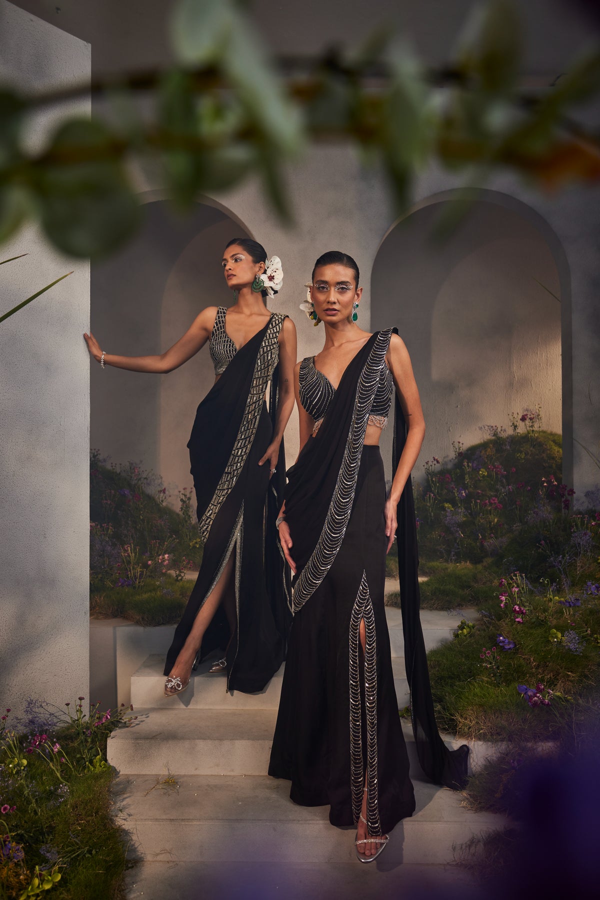 Black Lacey Pre Draped Saree Set