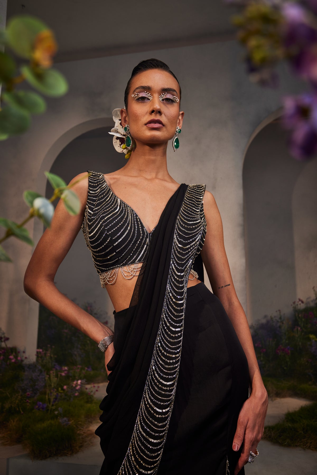 Black Lacey Pre Draped Saree Set