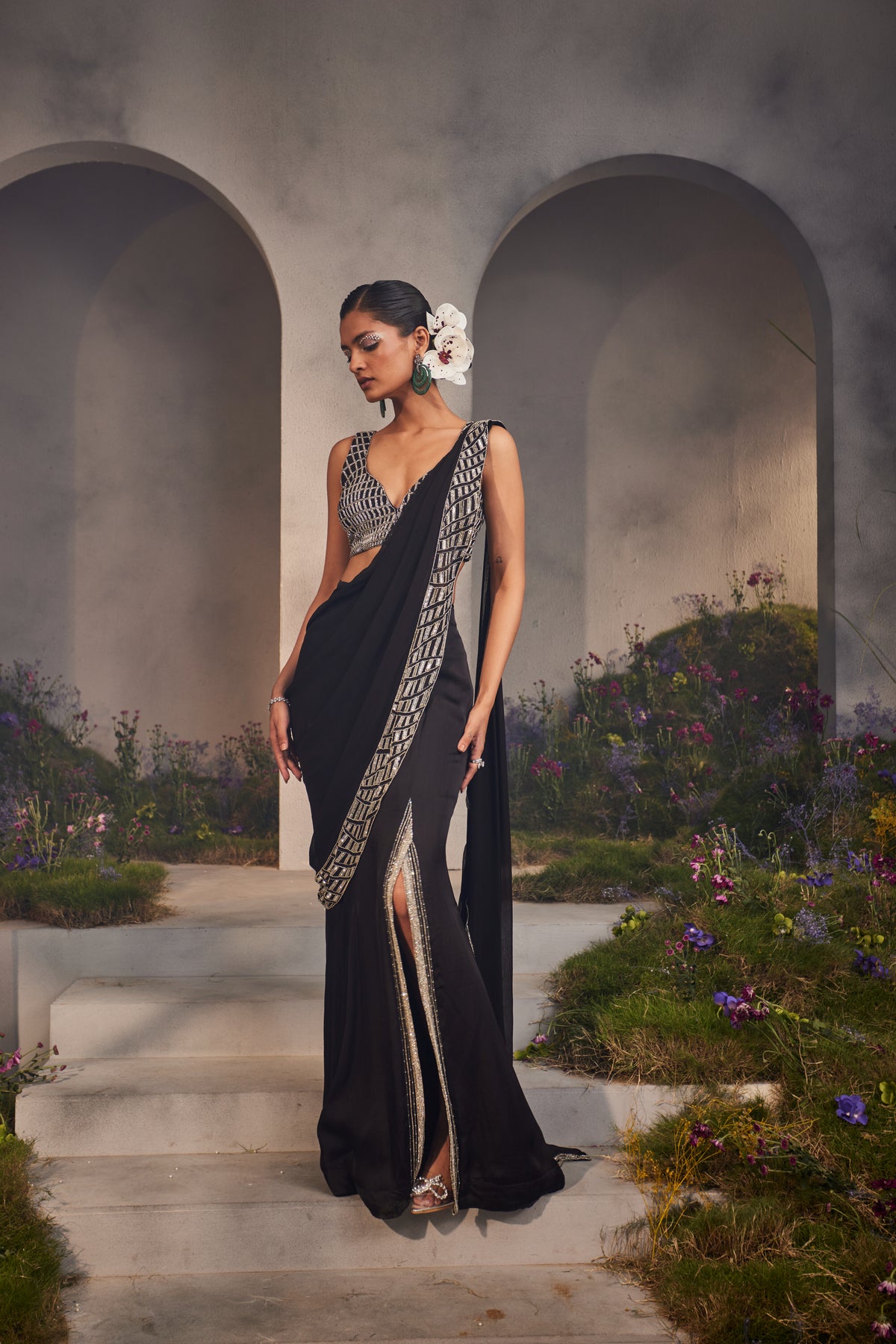 Black Lorelei Pre Draped Saree Set