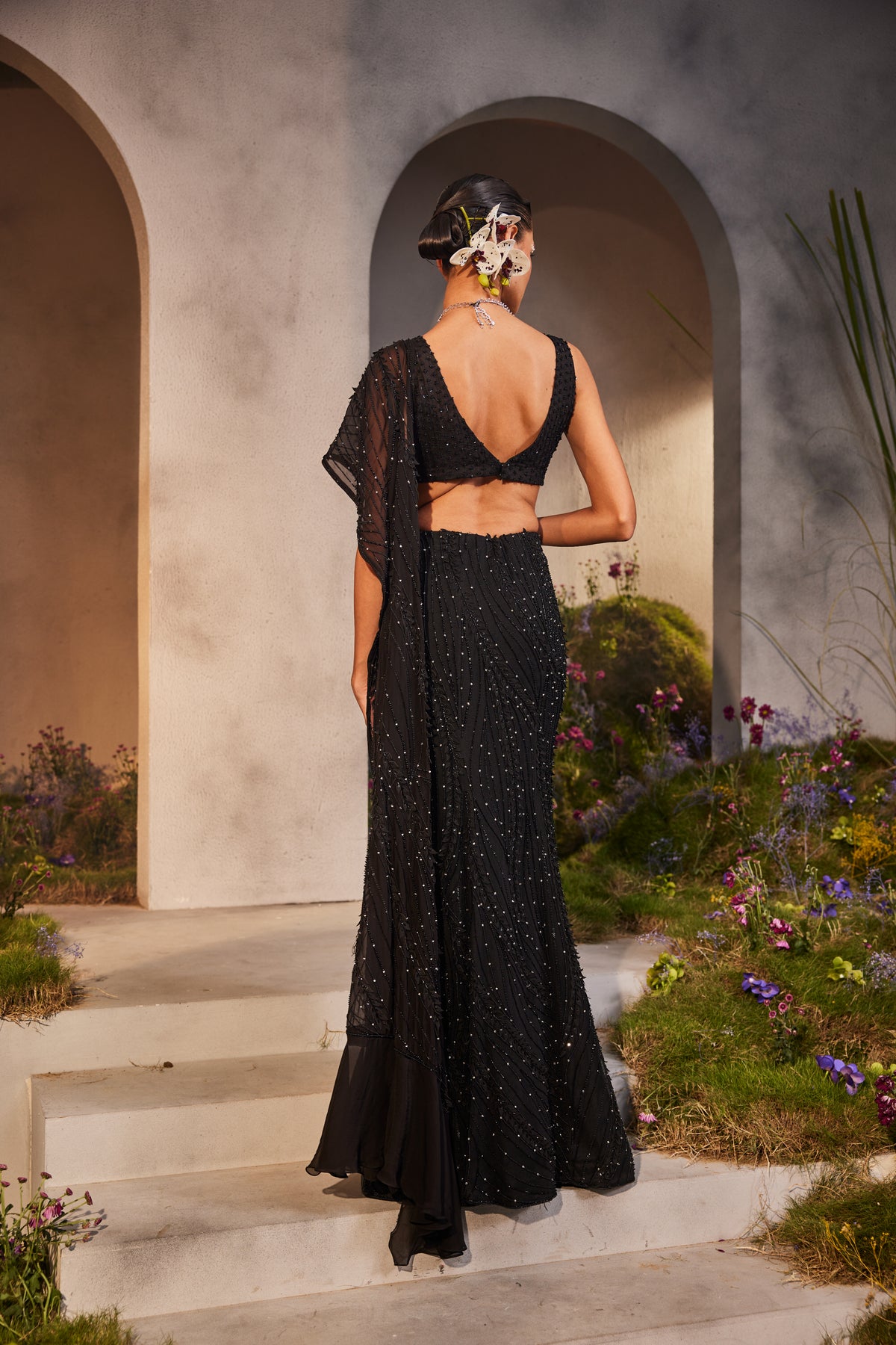 Black Pre Draped Saree Set