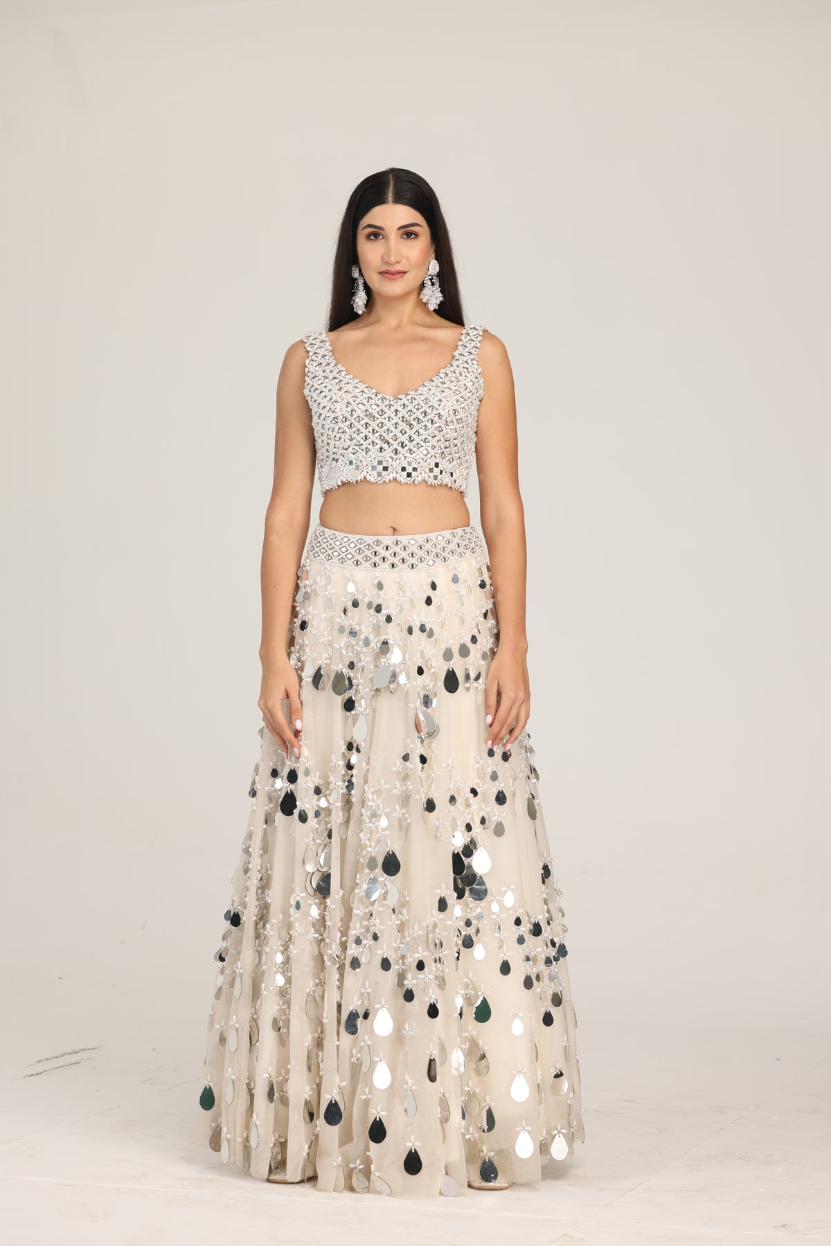 Pearl Sequence Ivory Crop Top And Skirt Set