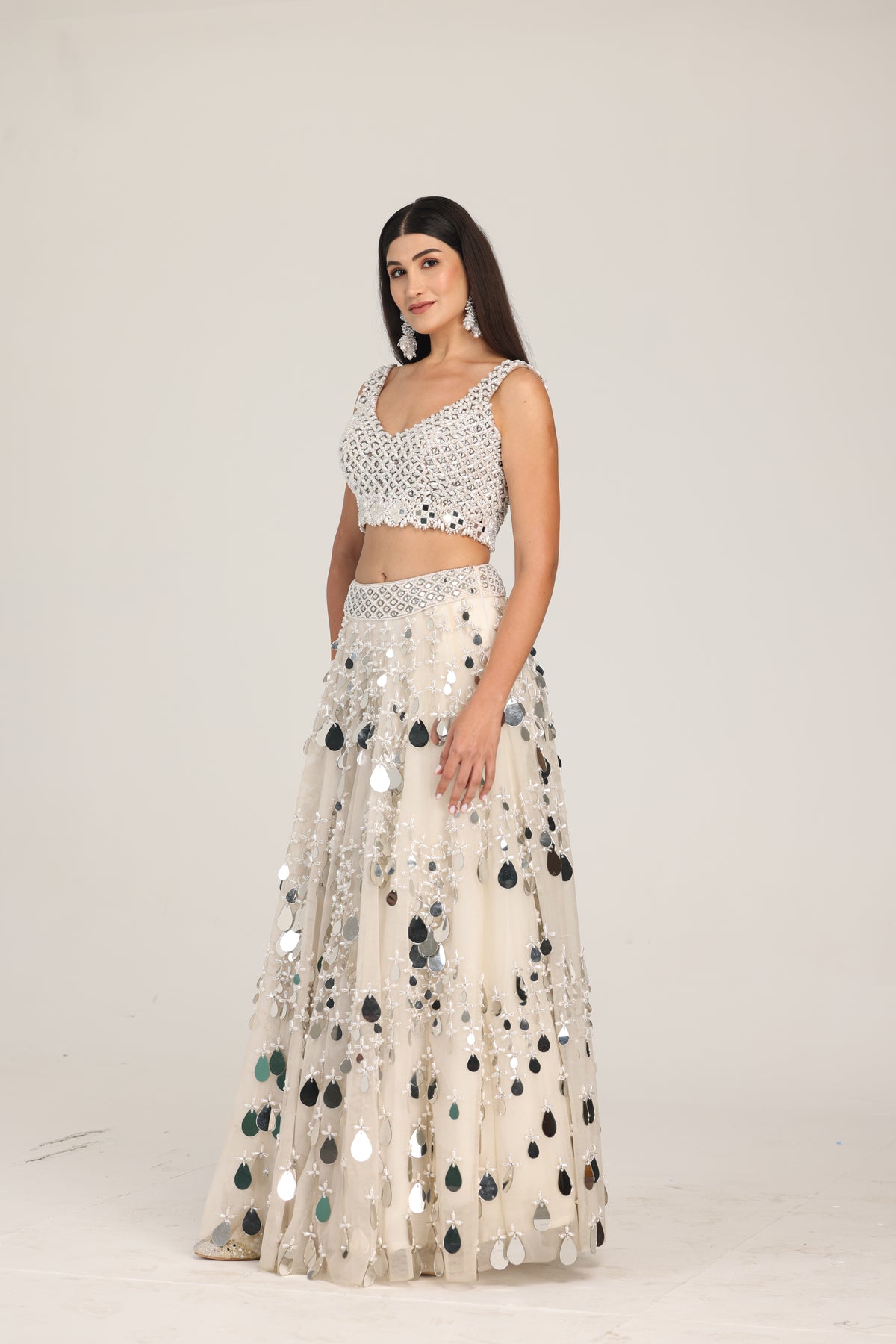 Pearl Sequence Ivory Crop Top And Skirt Set