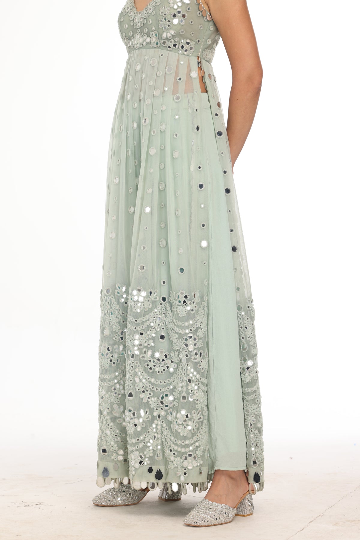 Pastel Green Tulle Long Tunic And Pants
